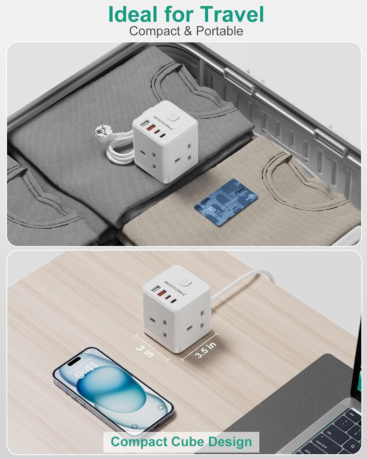 Detalle de UK to European Plug Adapter with 1.5M Extension Cable — 7-in-1 Travel Cube (EU Ports, 3 USB, PD20W, QC3.0)