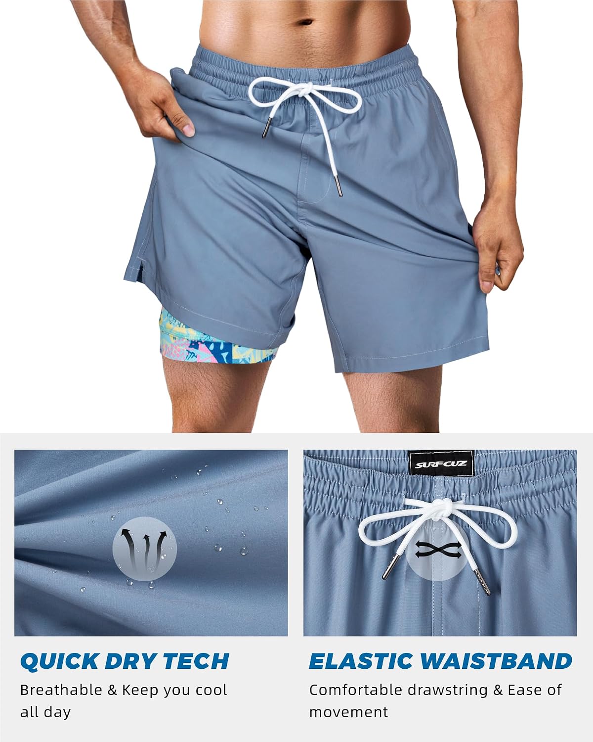 Thumbnail 4 de SURF CUZ Men's Swim Trunks with Compression Liner — 7" Inseam Quick-Dry Stretch Board Shorts