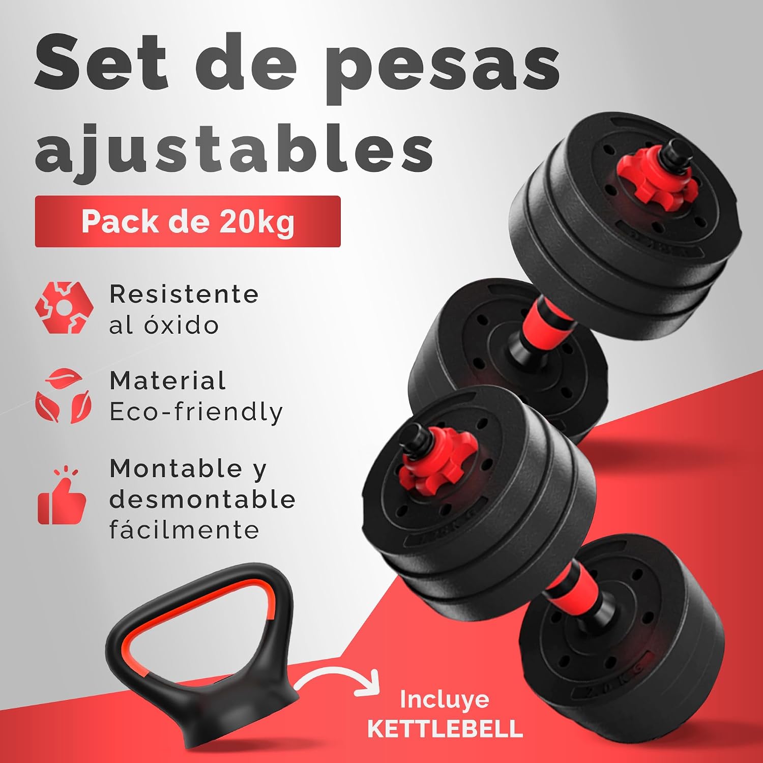 Detalle de JUPPLIES Juego 4 en 1: Mancuernas Ajustables + Kettlebell, 20–40 kg