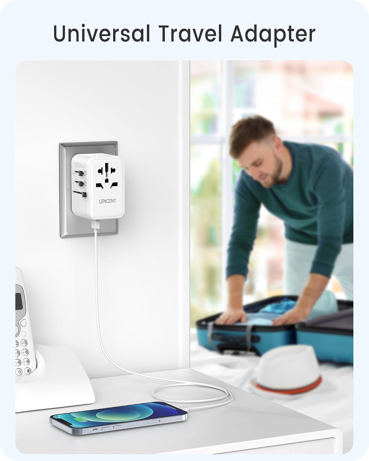 Detalle 2 de LENCENT Universeller Reiseadapter GaN III 65W – 65W PD Schnellladung mit 2 USB-A & 3 Typ-C für weltweite Reisen