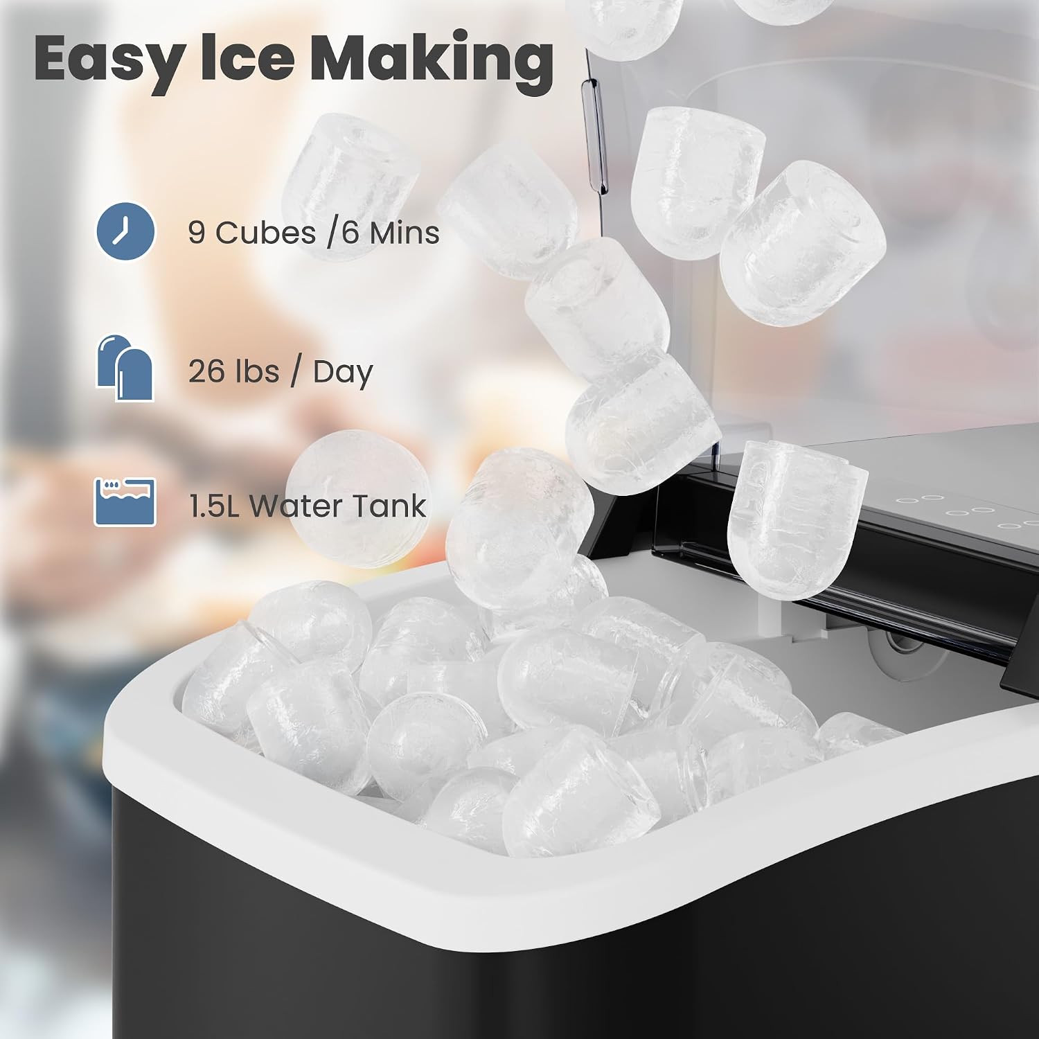 Detalle 2 de DUMOS ZBJ-PP10A Countertop Ice Maker with Handle, 26 lb/24h, 2 Sizes