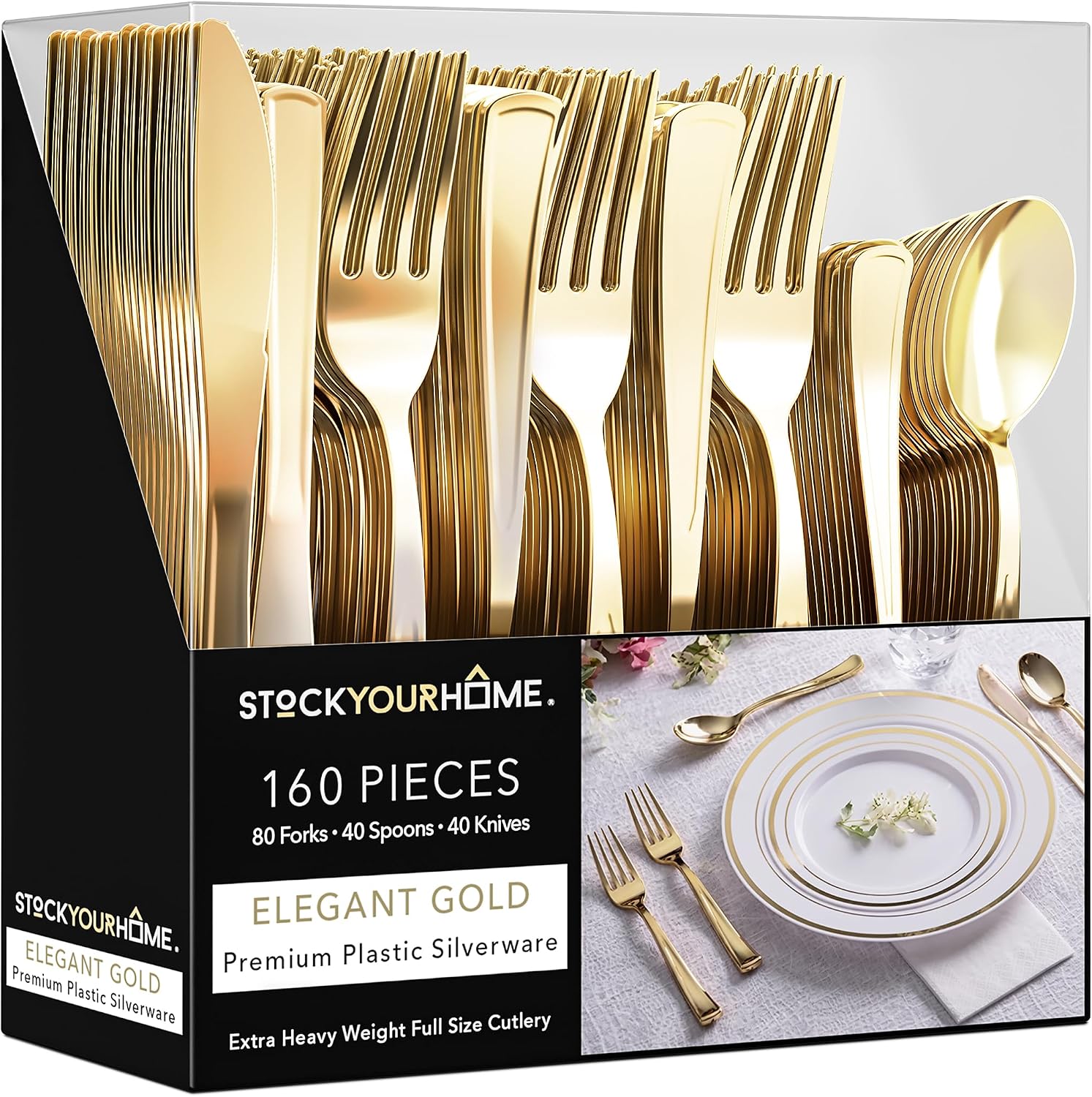 Detalle de Gold Plastic Silverware Set 160 Pack 🍴