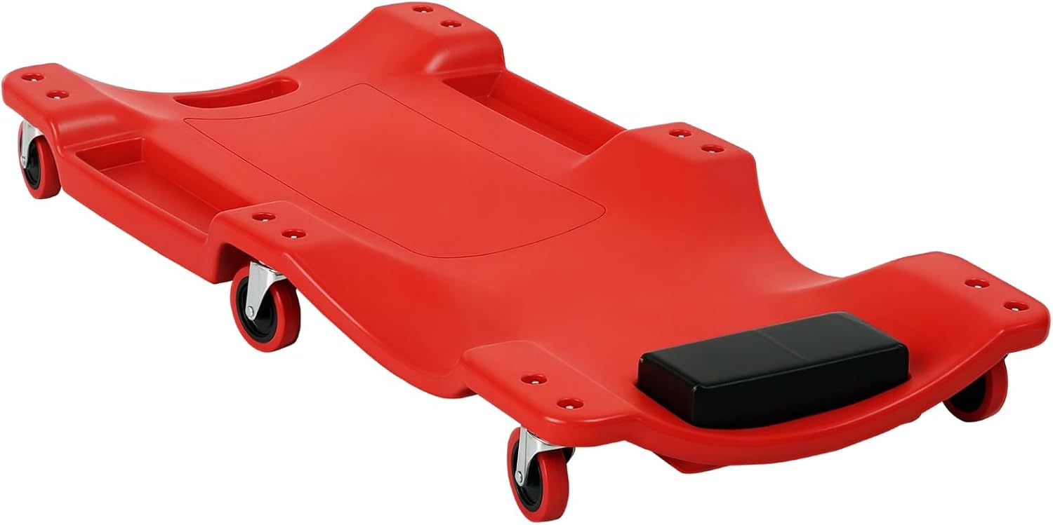 Detalle de DURHAND C21-007 Mechanic’s Creeper, Red, with Padded Headrest and Six Castors