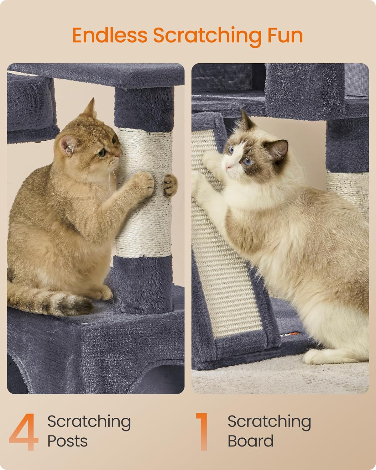 Detalle de Feandrea Cat Tree: 136 cm Tall Multi-Level Cond o with Scratching Posts, Cave and Beds