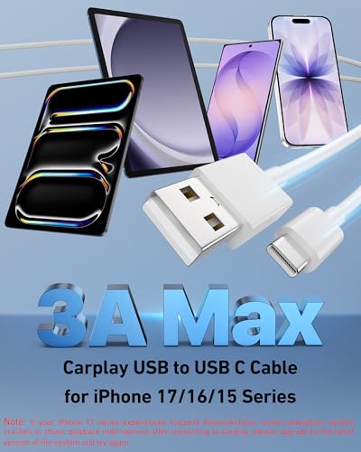 Detalle de LUOSIKE Car Carplay Cable for iPhone 17/16/15 Series – 2-Pack 3FT USB A to USB C