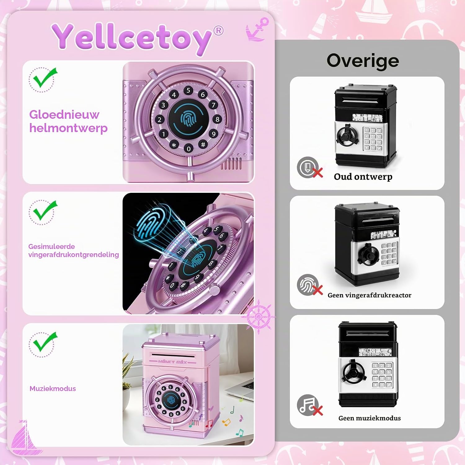 Detalle de Yellcetoy YE941 elektrische spaarpot in roze met code, muziek en muntsleuf
