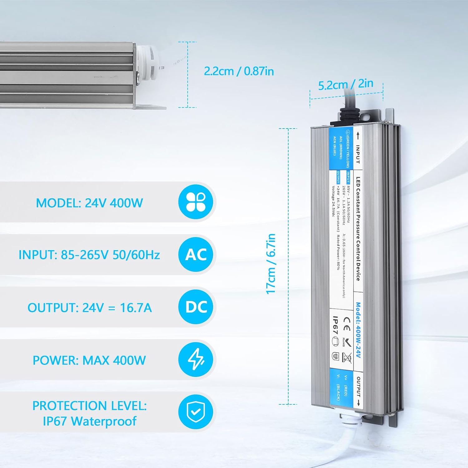 Detalle 2 de SUCIKORIO Alimentatore LED 24V 400W impermeabile esterno IP67 (driver AC 220V → DC 24V)