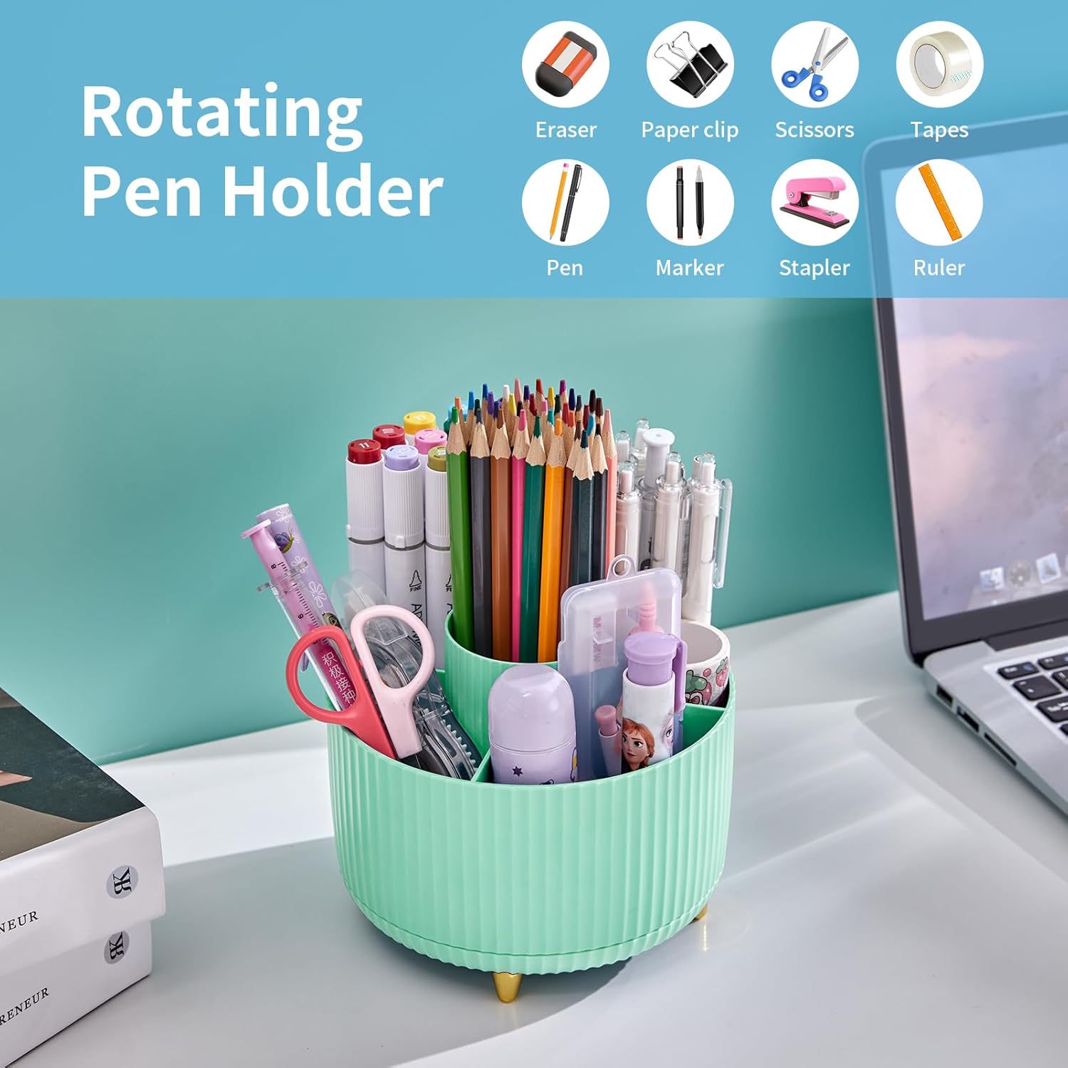 Detalle 2 de Marbrasse Desk Organiser: 360-Degree Rotating Pen Holder with 5 Compartments in Mint Green