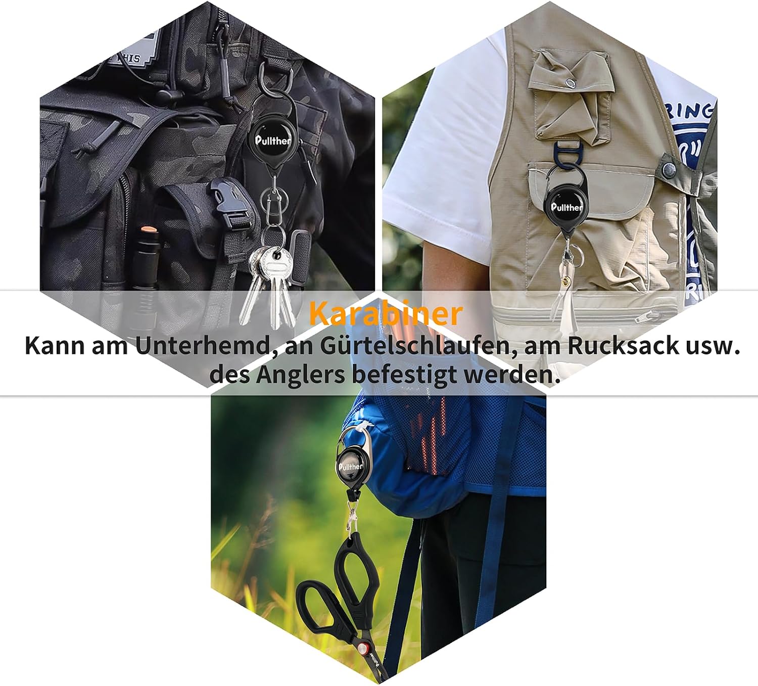 Detalle 2 de pullther 3er Set ausziehbarer Schlüsselanhänger für Fliegenfischen – mit 360° Drehclip, bis 65 cm
