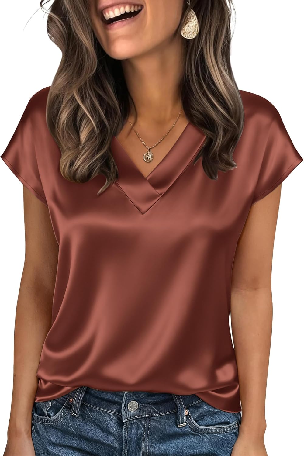 Thumbnail 5 de Zeagoo Women Silk Satin Tops Cap Short Sleeve Blouse V Neck – Business Casual Charm