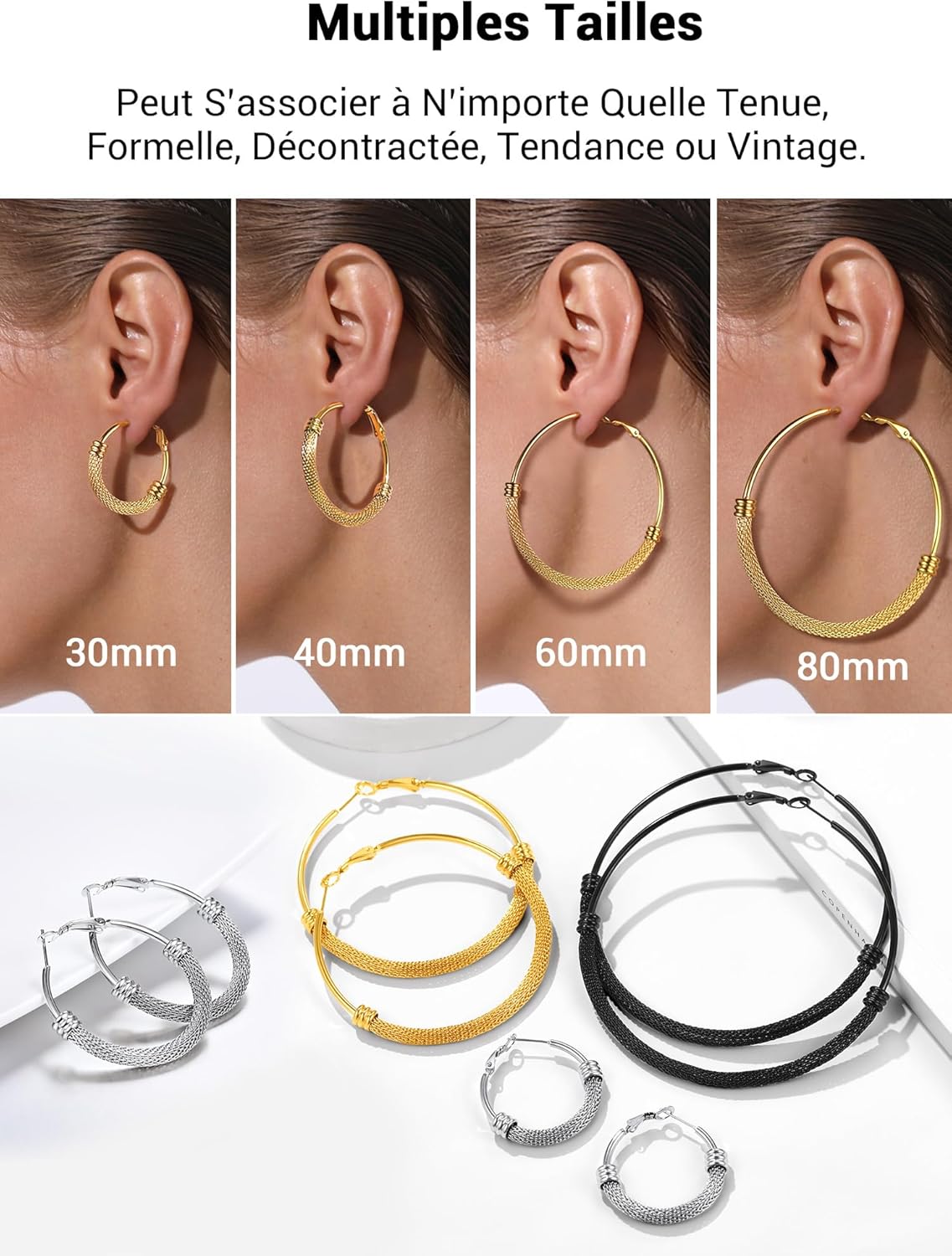 Thumbnail 6 de PROSTEEL Créoles Acier Inoxydable 316L avec Maillons – Diamètre 80 mm, plaqué or 18k ou noir
