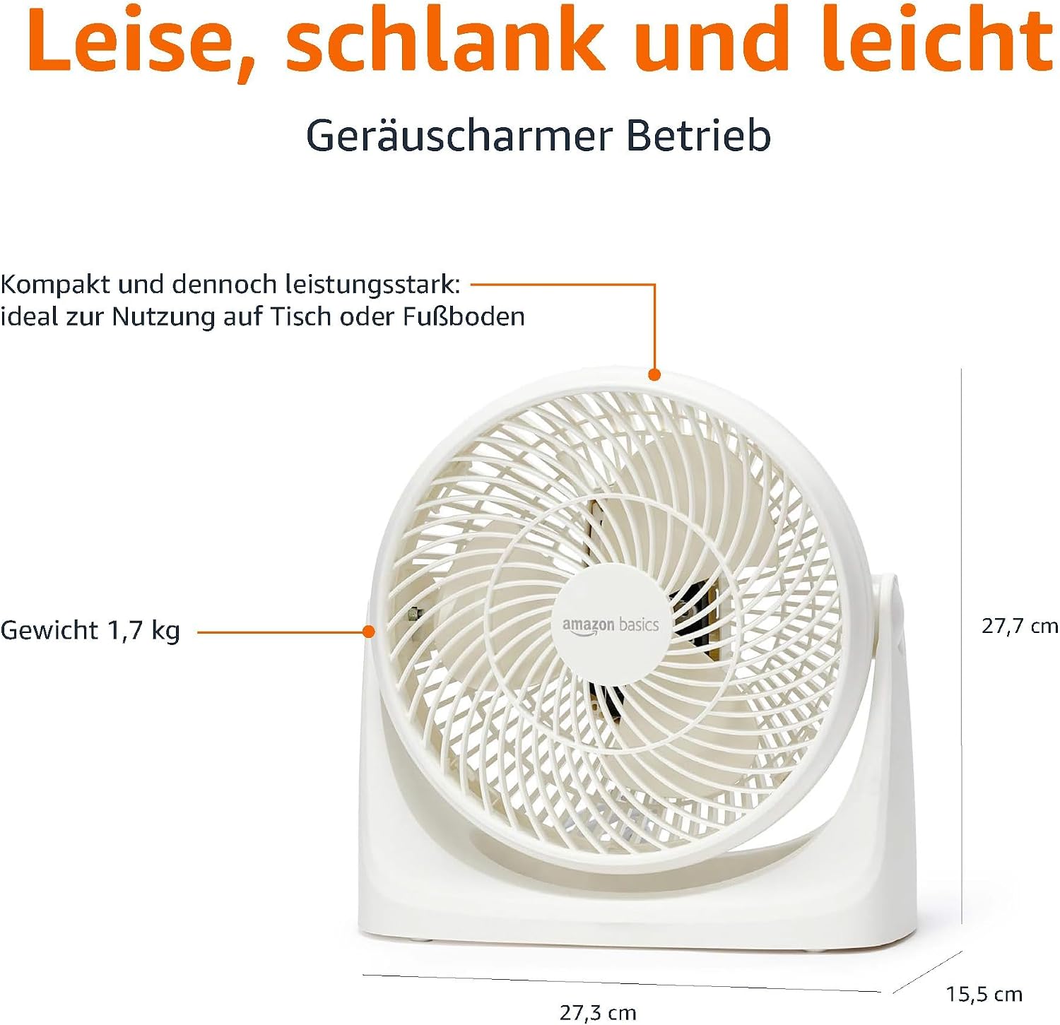 Detalle de Amazon Basics Tisch-Ventilator tragbar, 18 cm – leise Kühlung, 3 Geschwindigkeiten
