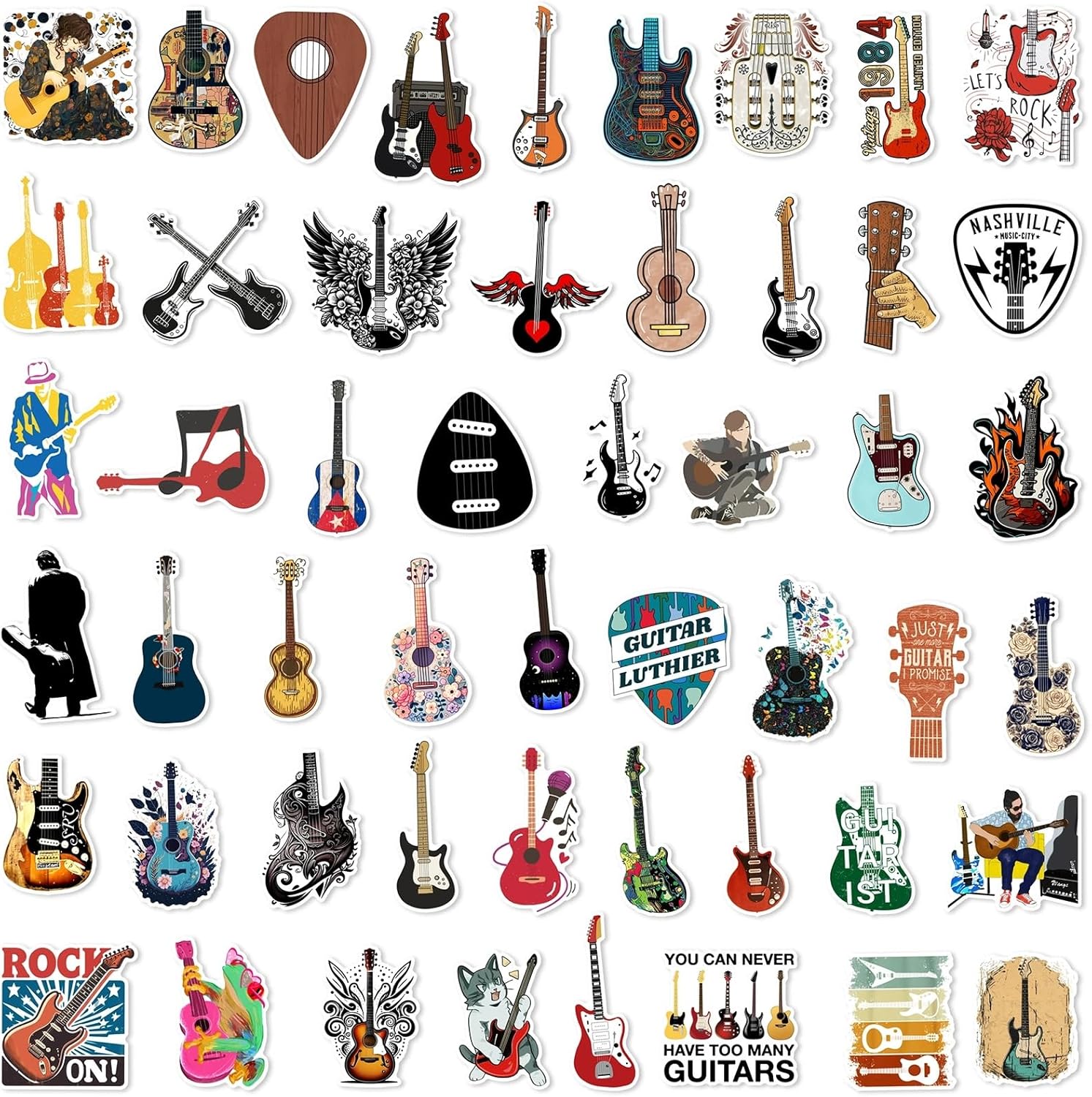 Thumbnail 2 de 50 Stück Gitarre Aufkleber Pack – Wasserdichte Vinyl Sticker für Laptop, Wasserflasche, Auto, Fahrrad & mehr
