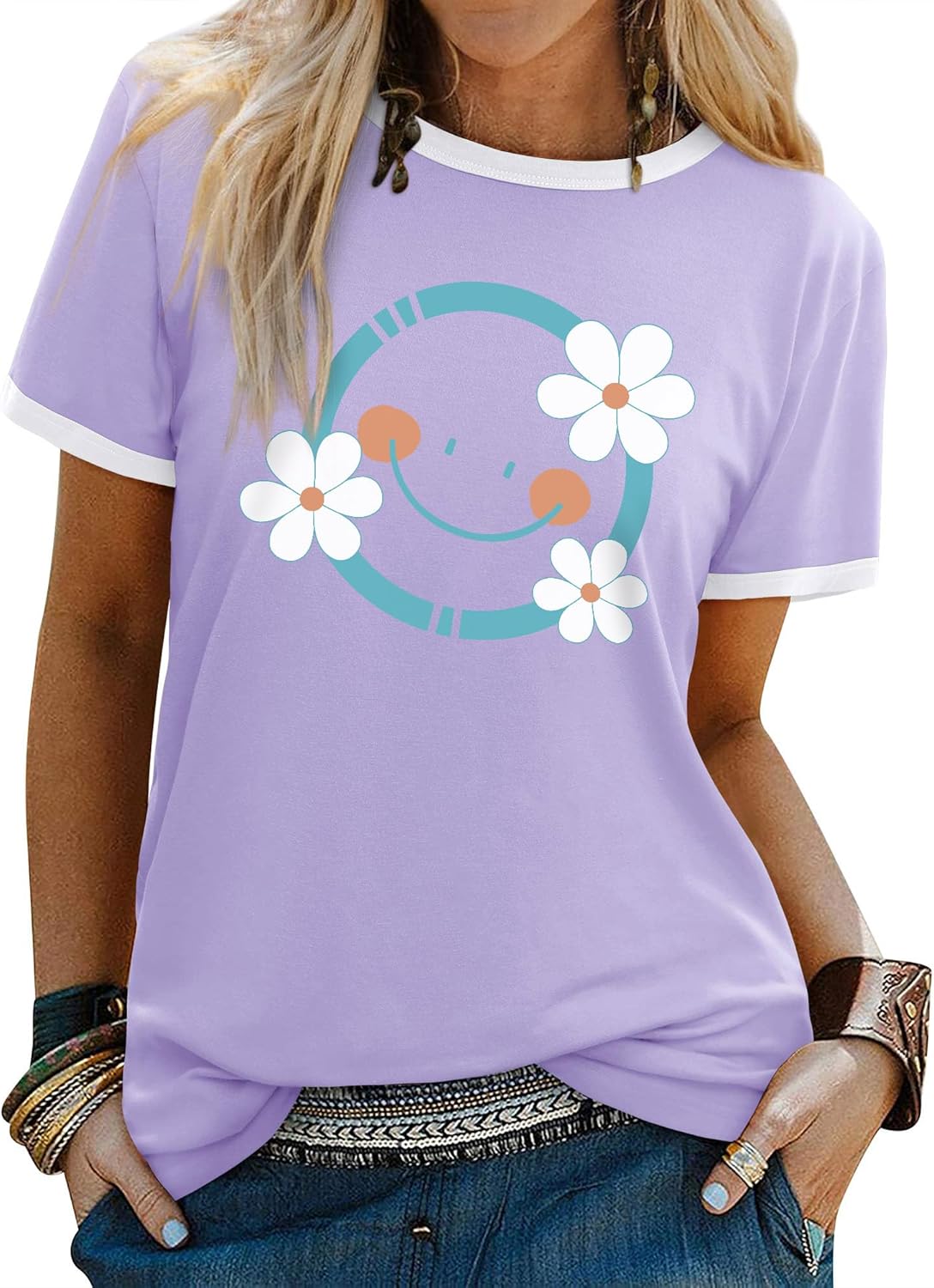 Detalle de WIEIYM Women Daisy Floral Short Sleeve Cotton T‑Shirt – Boho Summer Tee