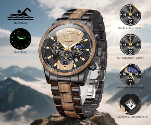 Thumbnail 1 de OLEVS Herren Uhr aus Echtholz Armband – Quarzwerk, 30 m wasserdicht, Edles Design