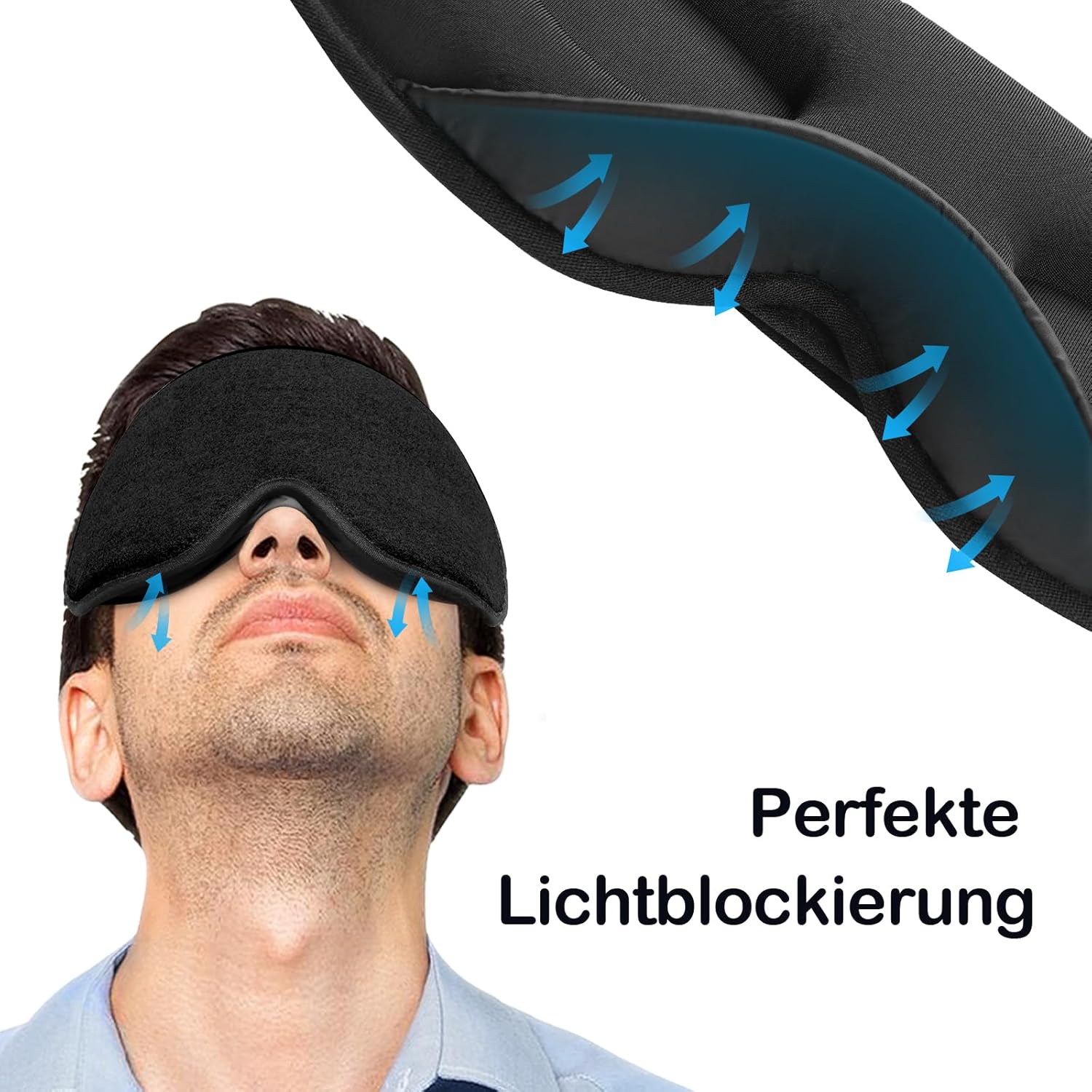 Detalle de INNELO Schlafmaske für Seitenschläfer (3D lichtblockierend) mit Gehörschutz – ultraweich, mit Klettverschluss, Schwarz