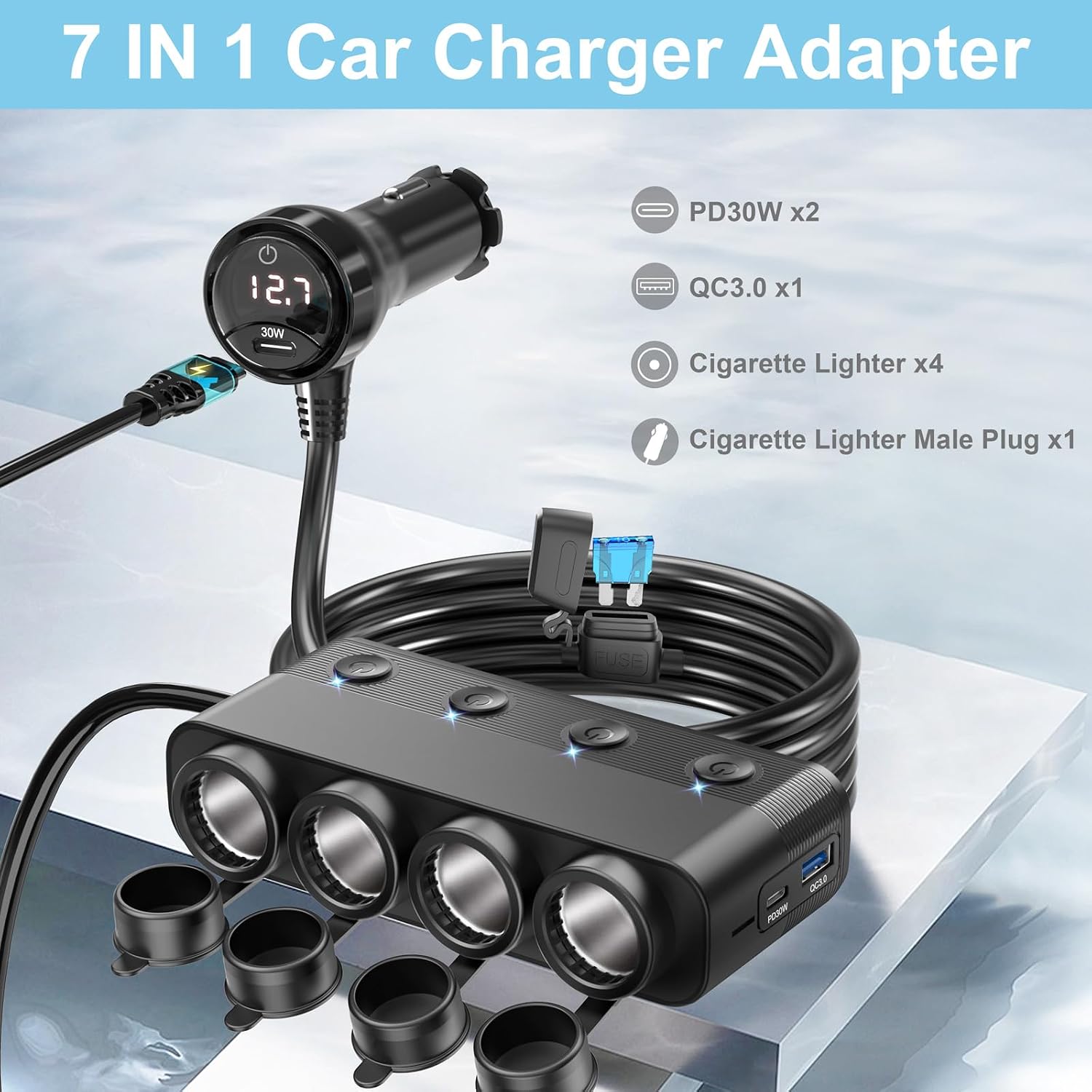 Detalle de 4-Steckdose Auto 12 Volt Verteiler 300W mit USB-C (PD30W) – KFZ Zigarettenanzünder Adapter mit Schalter & LED-Spannungsanzeige