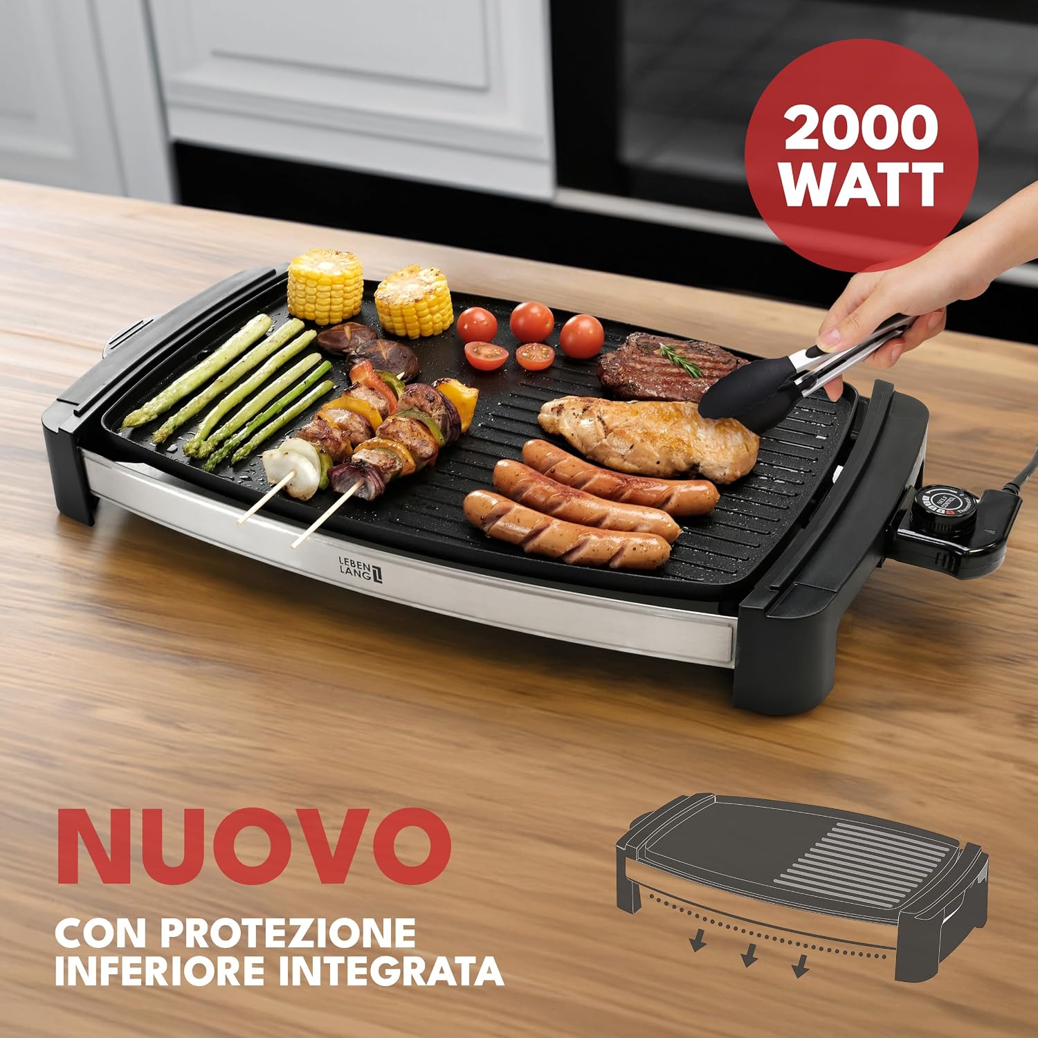 Detalle de LEBENLANG Griglia Elettrica XXL 2000W con pinze, piastra 45×30 cm