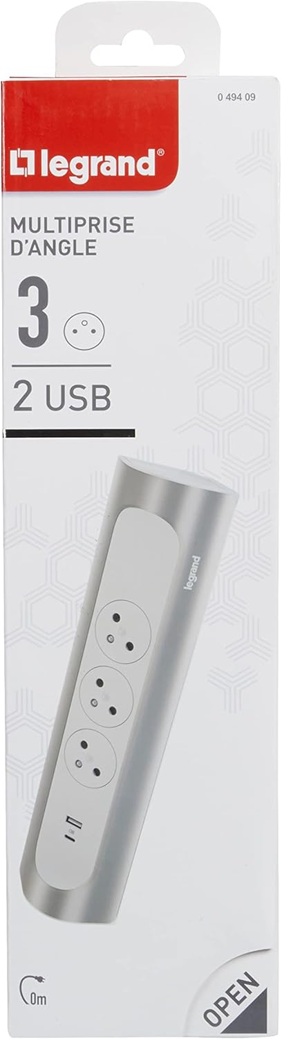 Thumbnail 1 de Legrand multiprise d’angle à câbler avec terre, 3 prises surface + USB-A/USB-C (blanc et alu)