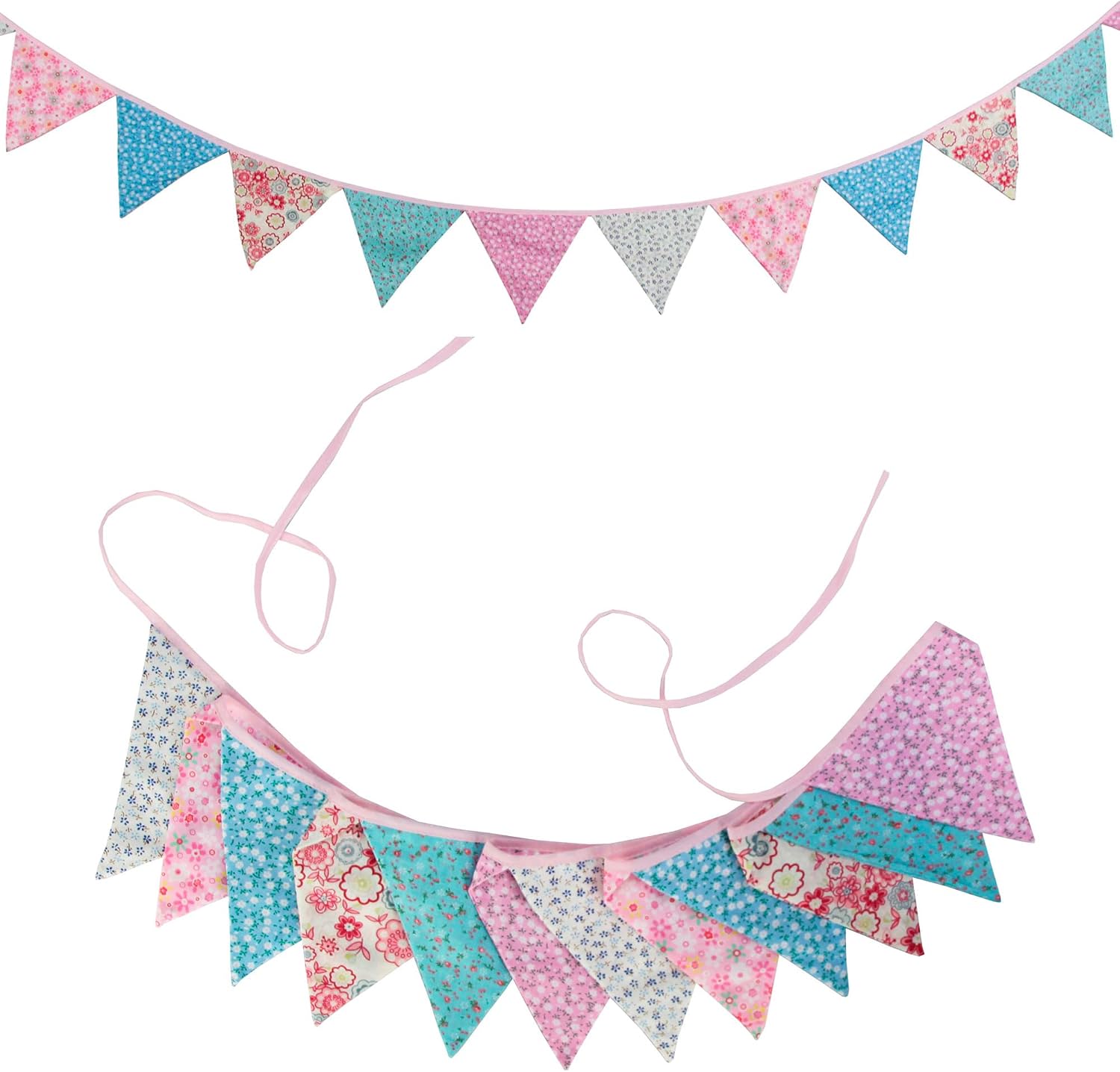 Detalle 2 de G2PLUS Floral Bunting Banner – 12 Double‑Sided Cotton Triangle Pennants, 10.8 Feet (3.3m) Vintage Themed Garlands
