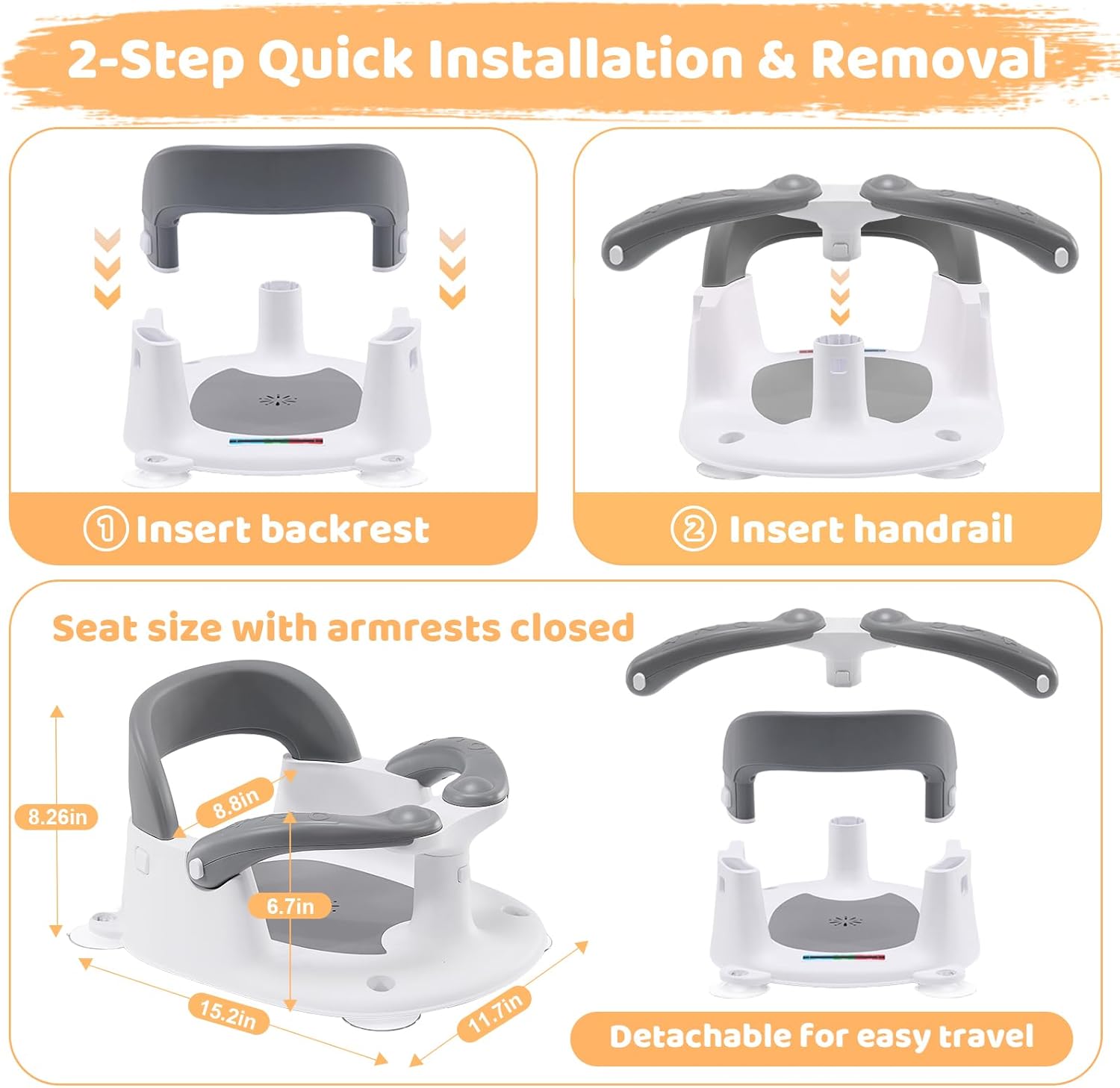 Thumbnail 6 de MAIKKB Baby Bath Seat 6 Months Plus with Temperature Alert & Suction Cups (Grey)