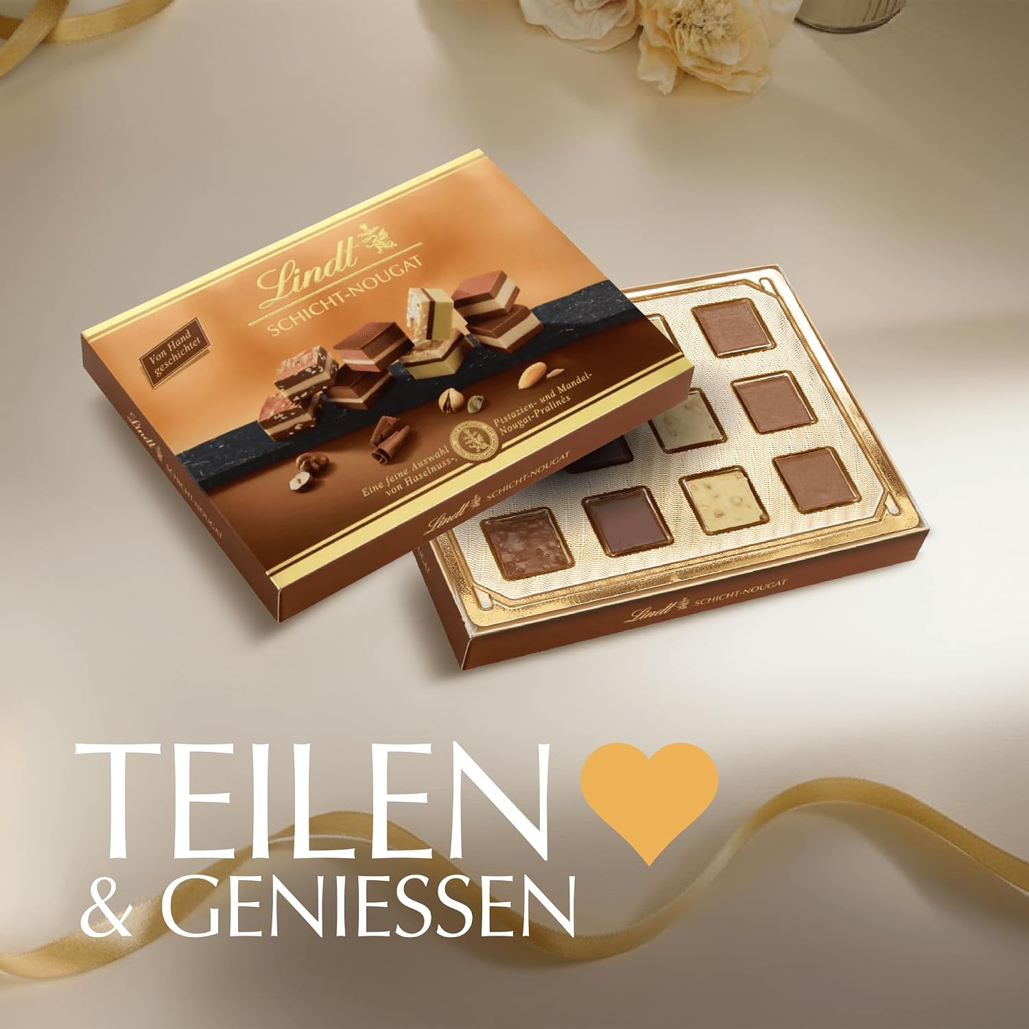 Detalle de Lindt Schicht Pralinen 125 g – Mandel-, Haselnuss- und Pistazien-Nougat Pralinés