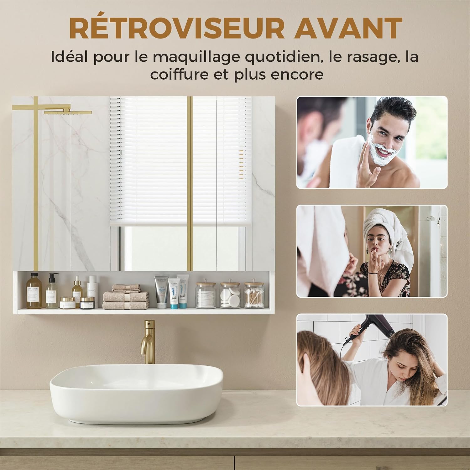 Thumbnail 6 de kleankin Armoire murale de salle de bain avec miroir (3 portes, 90 x 15 x 75 cm) en blanc