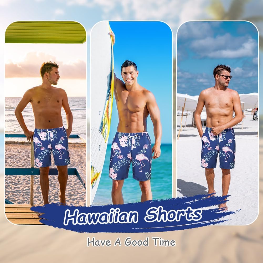 Detalle de Aomig Uomo Hawaiani pantaloncini da bagno vintage con stampa hawaiana, slip/boxer da mare estivi con taschino (Blu, M-XL)