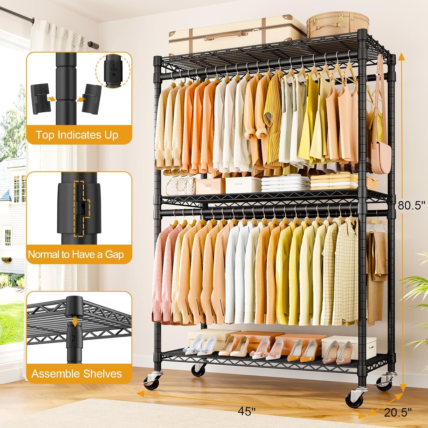 Detalle 2 de ULIFHOME P5 Rolling Clothes Rack, 3 Adjustable Shelves, 4 Hanging Rods