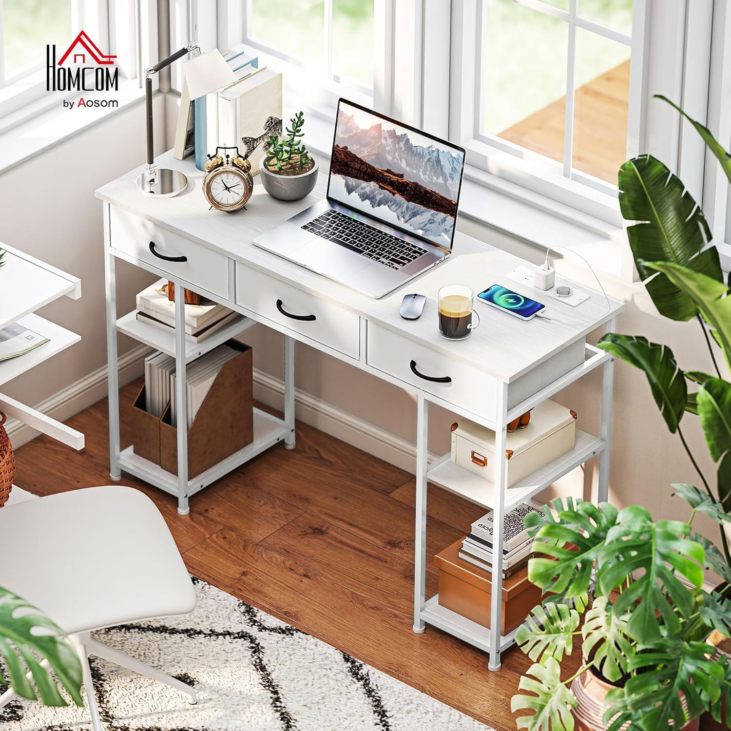 Detalle de HOMCOM Bureau d’ordinateur blanc 120 x 40 cm avec station de charge USB et 3 tiroirs en tissu