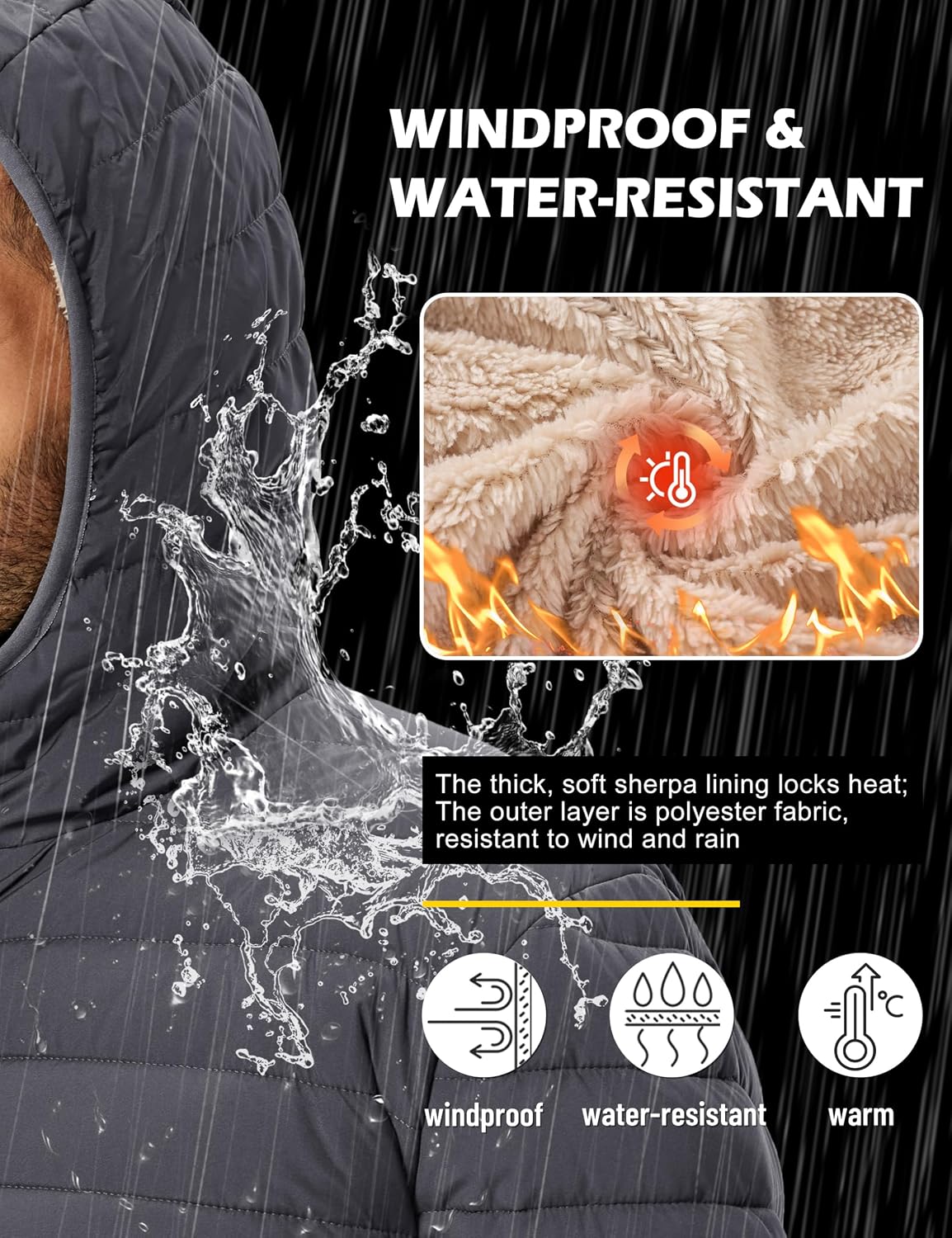 Detalle 1 de TACVASEN Men's Hooded Puffer Jacket with Sherpa Lining and Zip Pockets