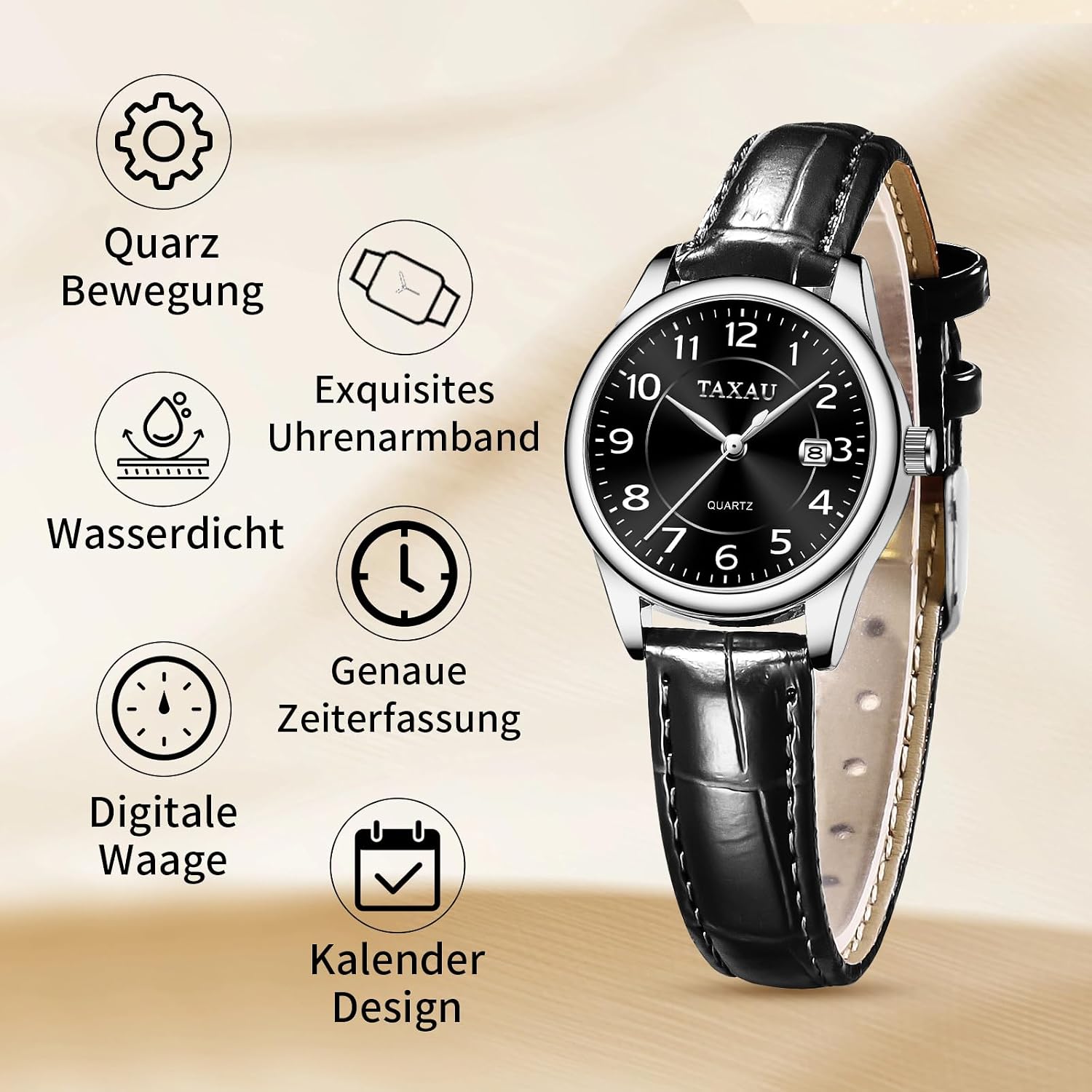 Detalle de Taxau Damenuhr analoge Quarzuhr mit Lederarmband – Business-Armbanduhr mit Datum, wasserdicht