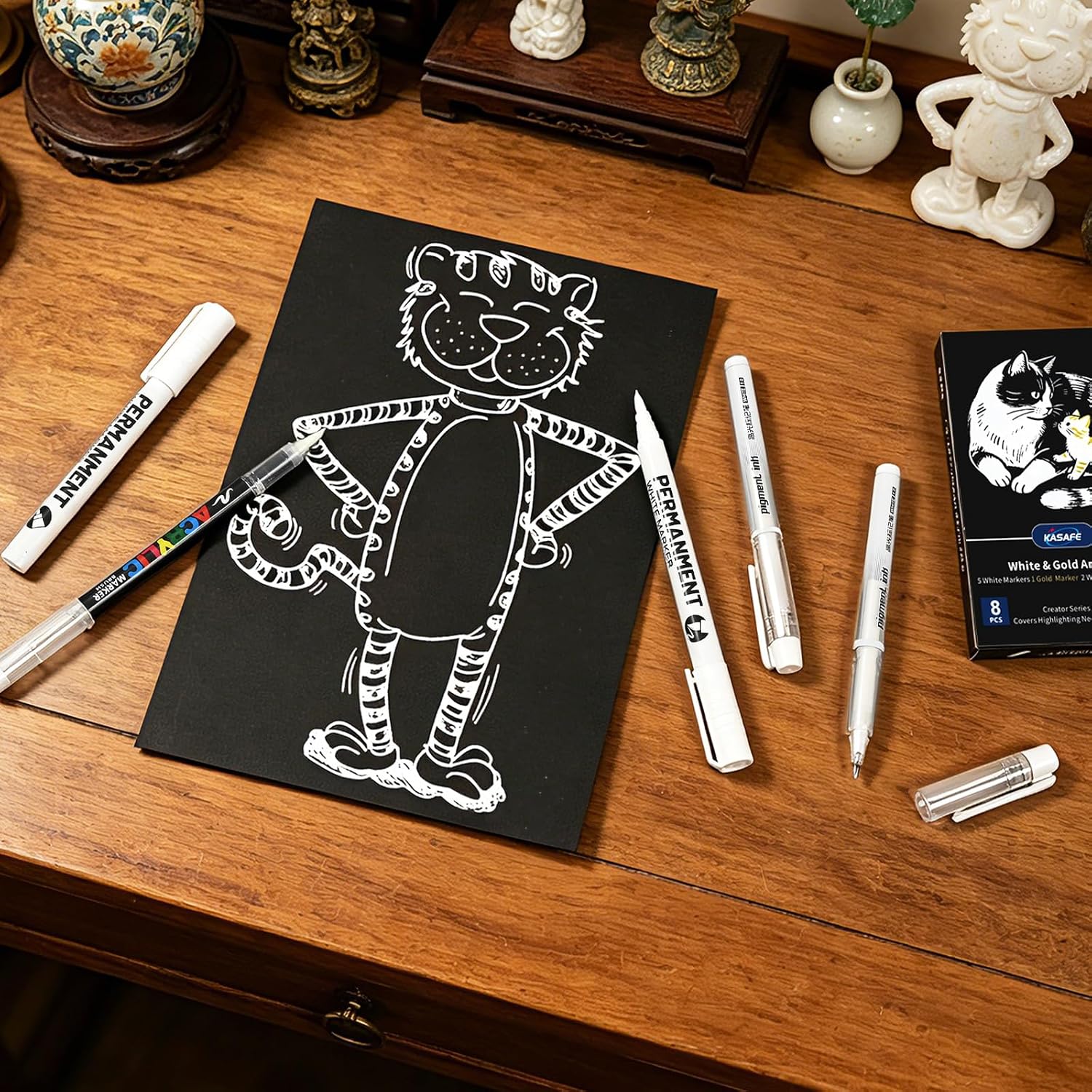 Thumbnail 6 de KASAFE set van 8 witte en gouden gel-, acryl- en penseelpennen