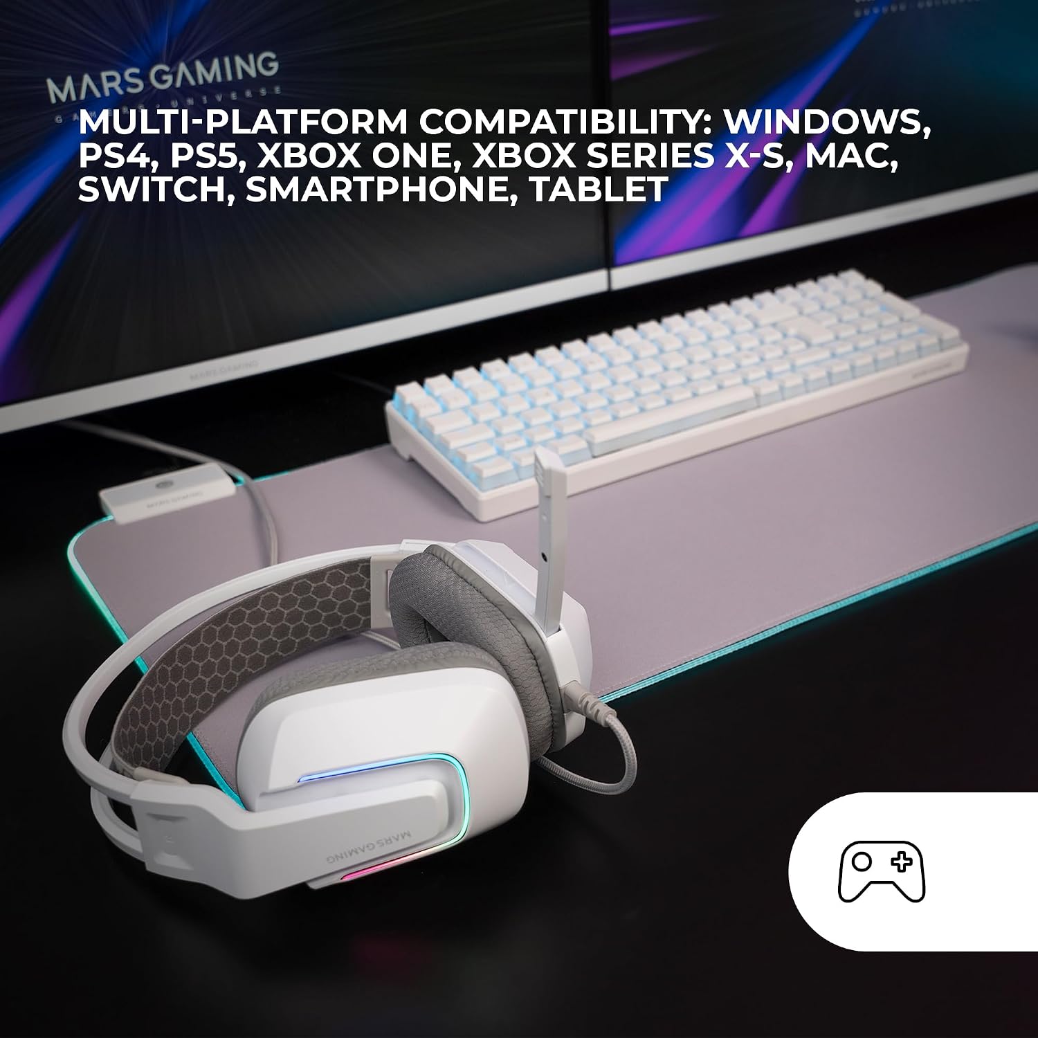 Detalle de Mars Gaming MH-Strike Gaming-Headset mit FRGB-Rainbow-Licht, 50-mm-Neodym-Treibern und klappbarem Mikrofon (weiß)