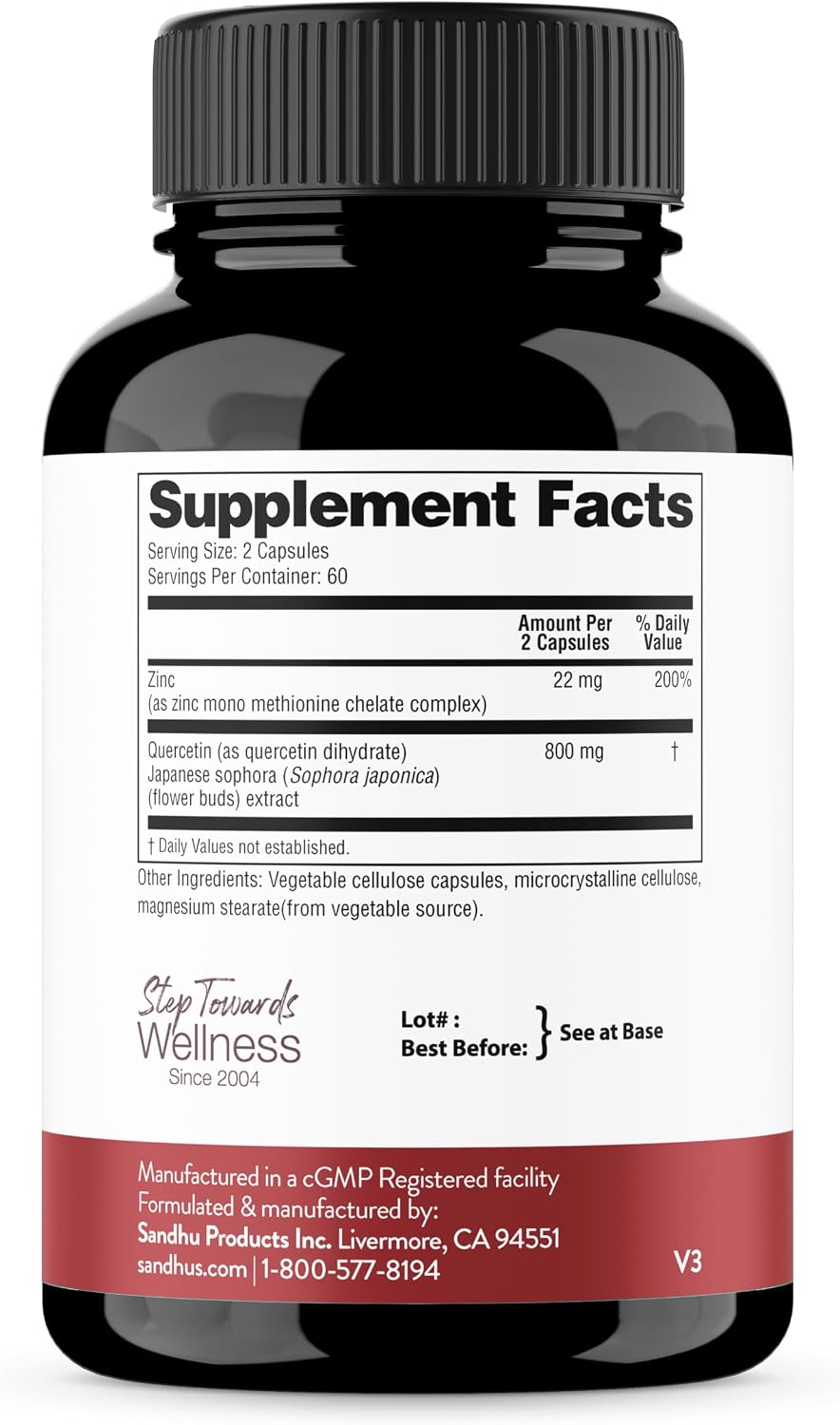 Detalle de Sandhu's SP-0066 Zinc Quercetin Supplement, 120 Veg Capsules, Third-Party Tested