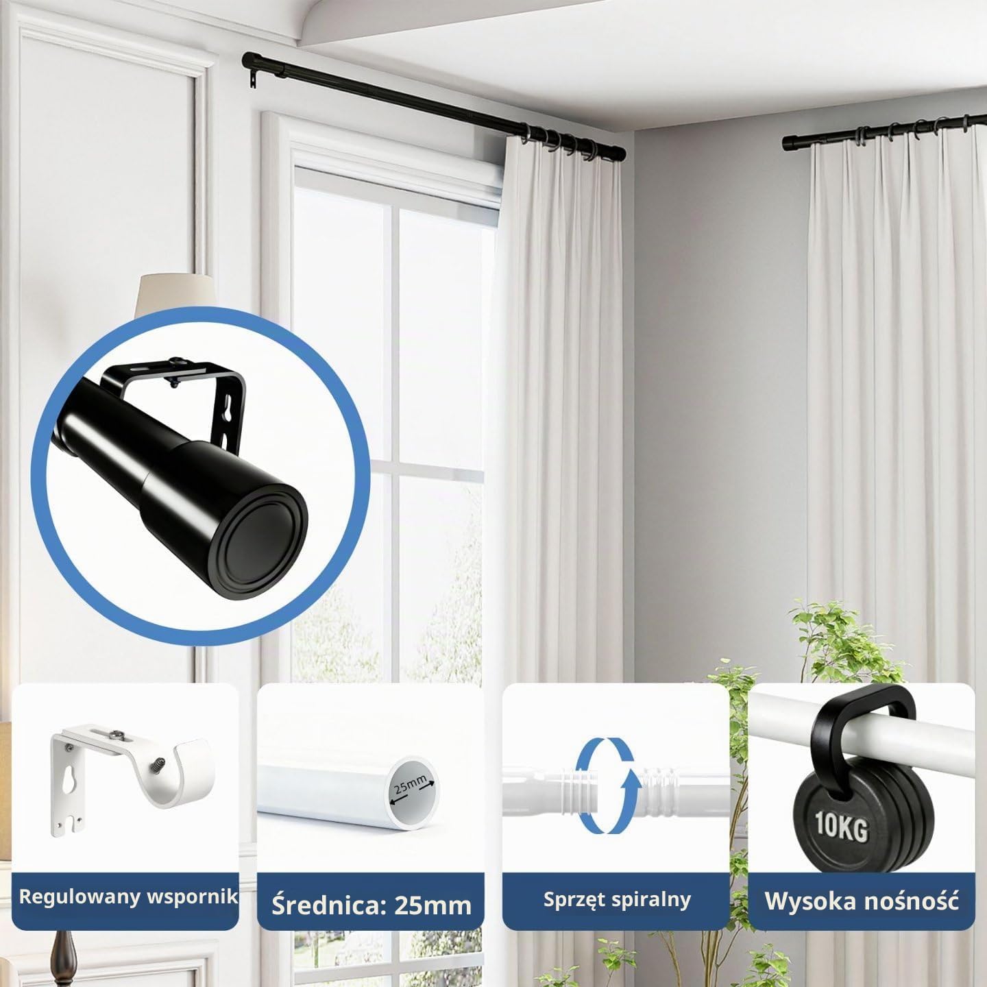 Detalle de Rod&Trikin N04-8091-8 – srebrny karnisz regulowany 84–150 cm
