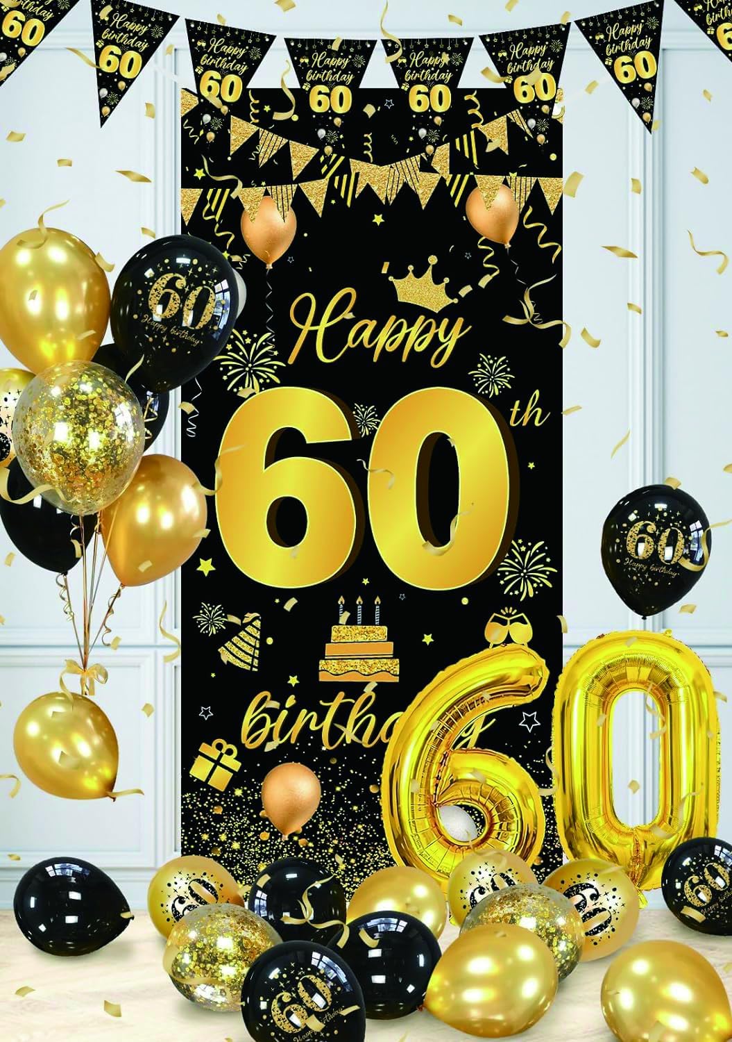 Detalle de 60th Birthday Decorations for Women and Men — Black & Gold Theme with 60 Balloons