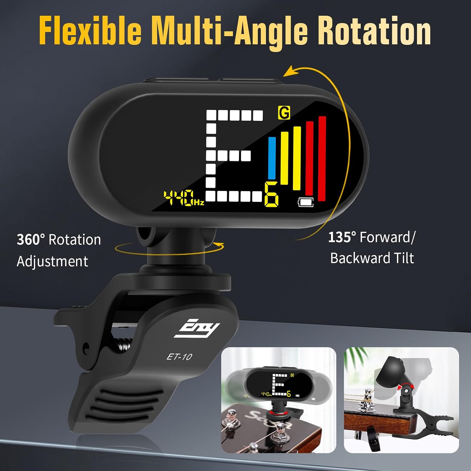 Detalle 1 de EX Rechargeable Chromatic Clip-On Tuner with Color LCD for Guitar, Bass & More