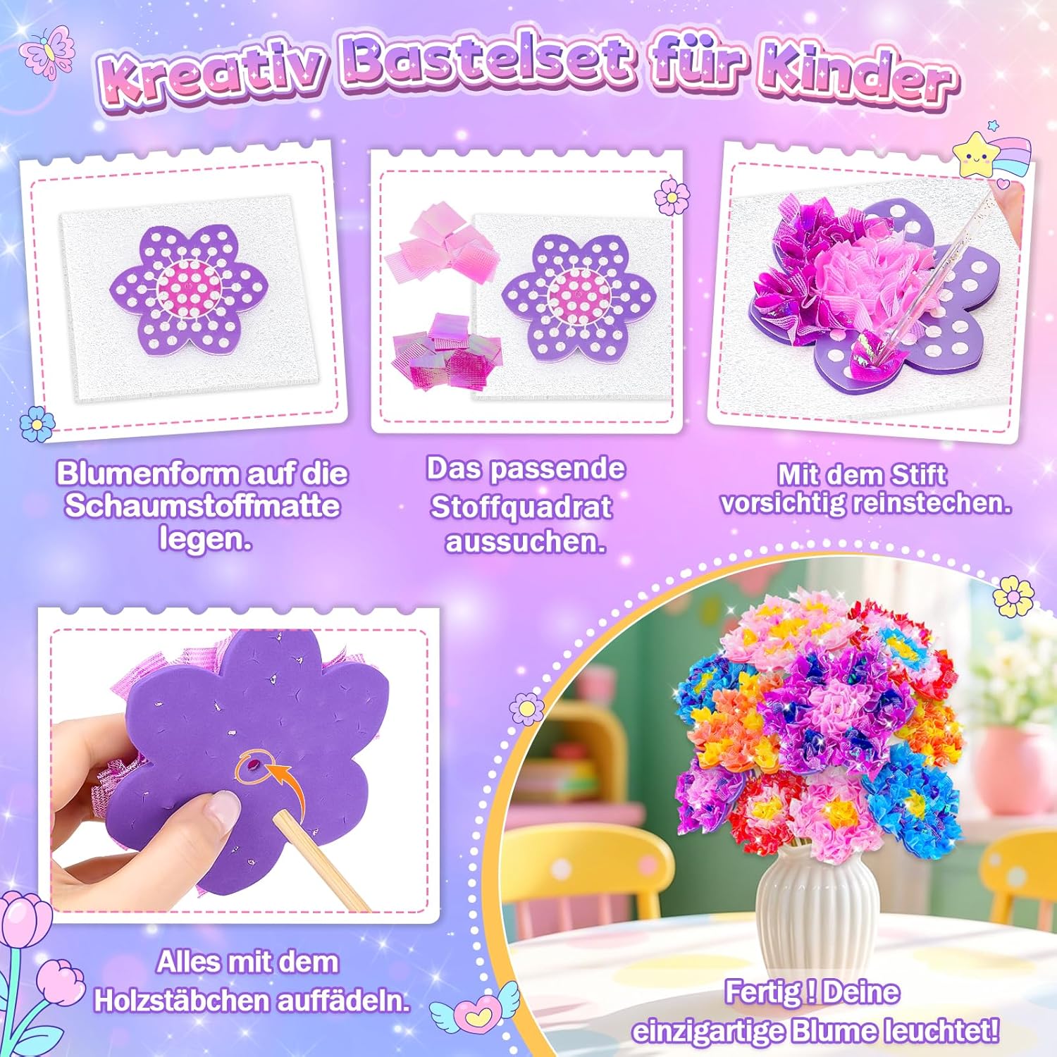 Detalle de Geschenk Mädchen 5–8 Jahre: Bastelset Blumenstrauß mit Pailletten – DIY-Blumen & Zimmerdeko