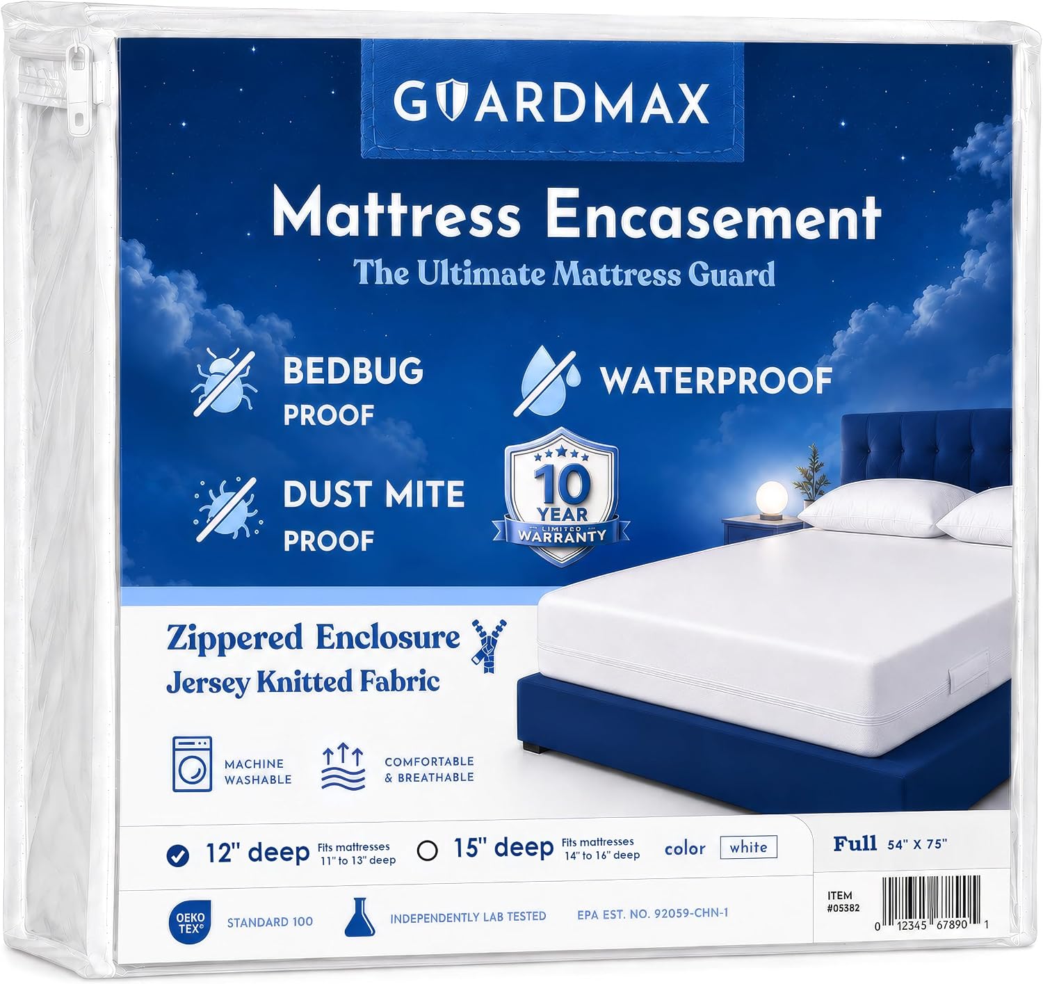 Detalle de Guardmax Jersey Knitted Full Zippered Mattress Encasement Protector (Waterproof & Bed Bug Proof) – Full Coverage, Soft & Noiseless