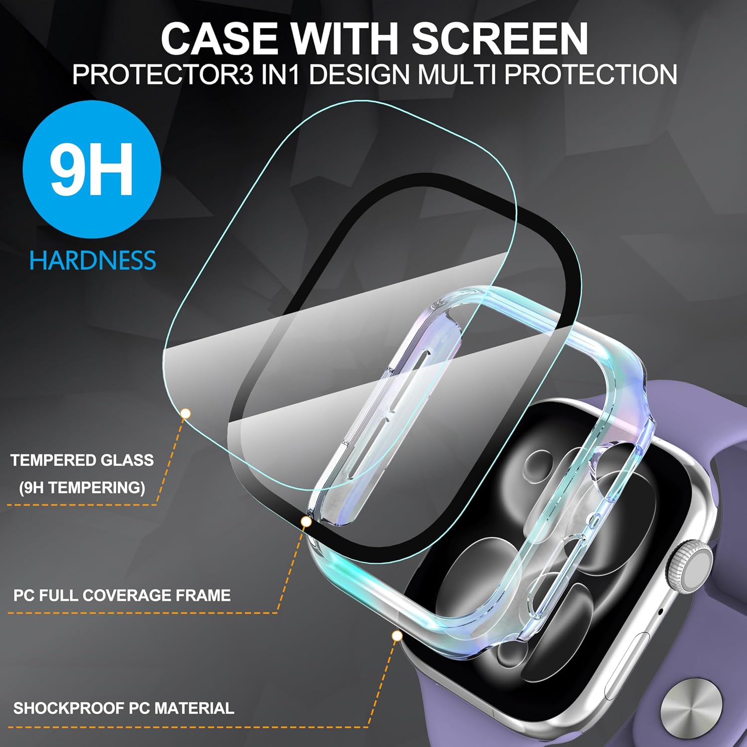 Detalle de Suoman 2-Pack: All-Around Tempered Glass Screen Protector & Case for Apple Watch Series 11/10 46mm (Colorful)