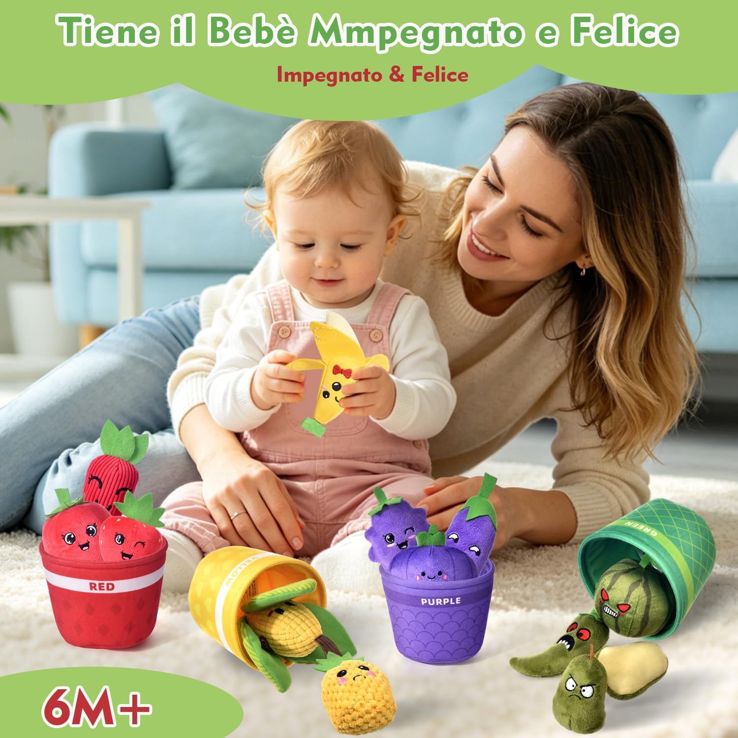 Thumbnail 6 de Tokiyis Giochi Montessori 6-12 Mesi – 16 PCS Frutta Verdura Peluche con Sonaglio e Cestino
