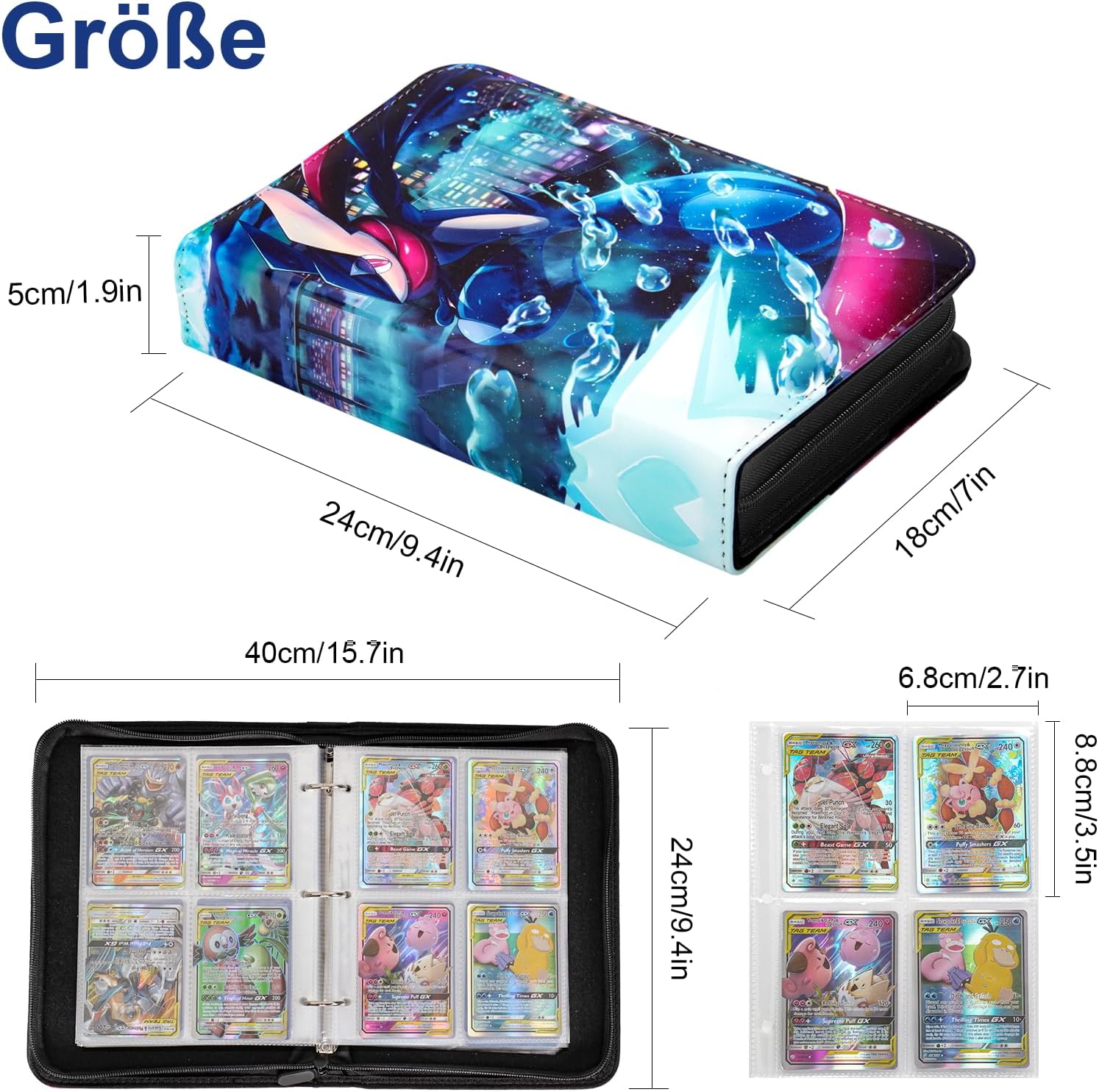 Sammelalbum für Pokemon Karten – 50 Seiten, 400 Taschen, wasserdicht, Reißverschluss, 4 Taschen pro Seite