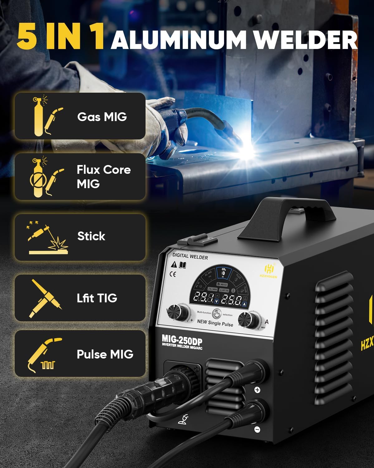 Detalle 2 de H HZXVOGEN MIG250DP 250A 5-in-1 Aluminium Welding Machine (240V, Synergic Control)