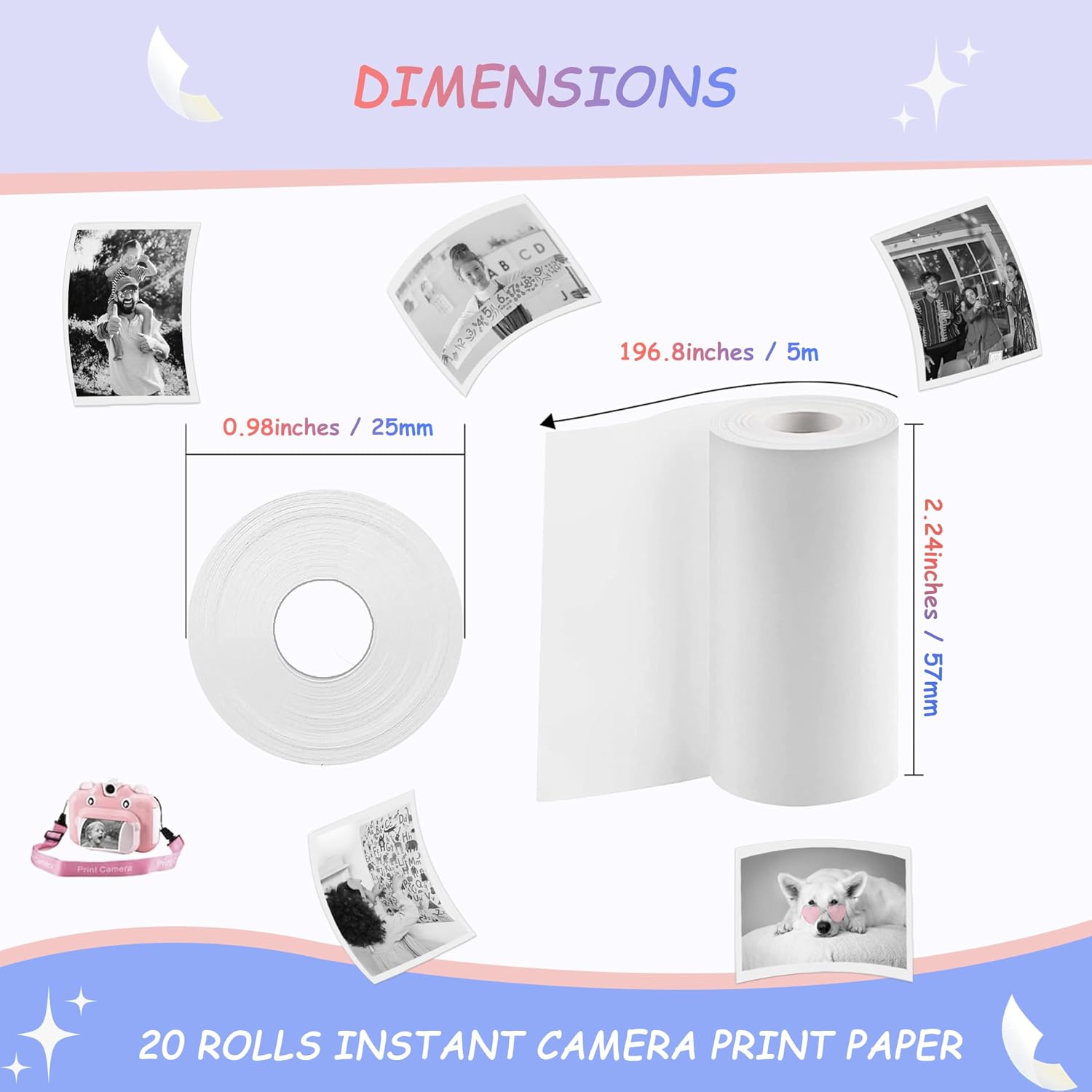 Detalle de MIARALA 20-Roll Kids’ Instant Camera Paper, Mini Thermal, BPA/BPS-Free