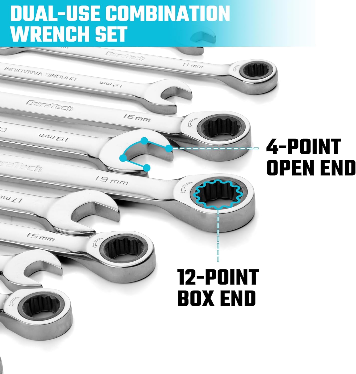 Detalle de DURATECH Lot de 12 Clés Plates à Cliquet 8–19 mm – Ensemble robustes avec coffret serti