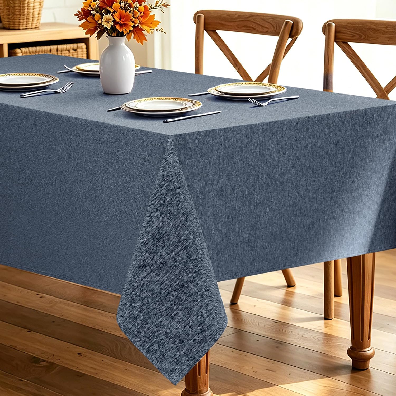 Detalle de Decorelia 60" x 84" Faux Linen Tablecloth, Denim Blue, Waterproof Polyester