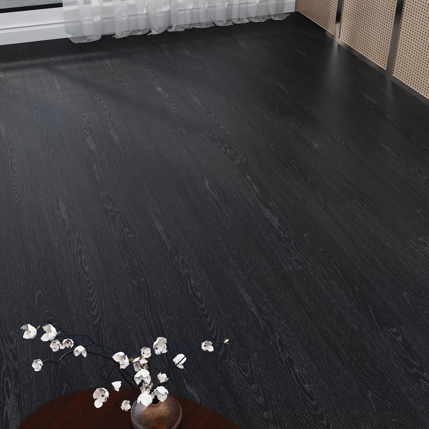 Detalle de ATOPOSE Black Self-Adhesive Vinyl Flooring – 36 Plank Pack in Nero (Wood Look)