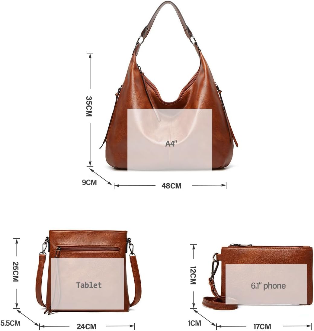 Detalle de Pahajim hobo bags for women PU soft leather handbag, shoulder bag & wallet set (Brown)