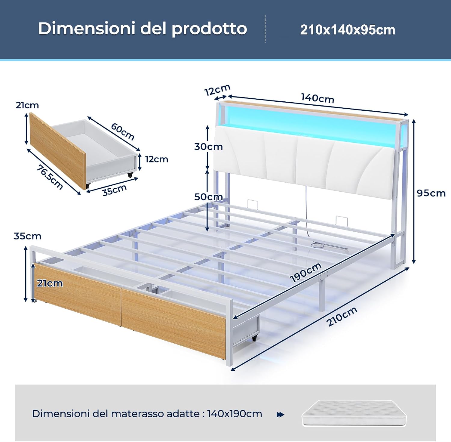 Detalle 2 de Brinlawb Struttura Letto 140x190 cm con Testiera Imbottita, LED e Ricarica – Bianco